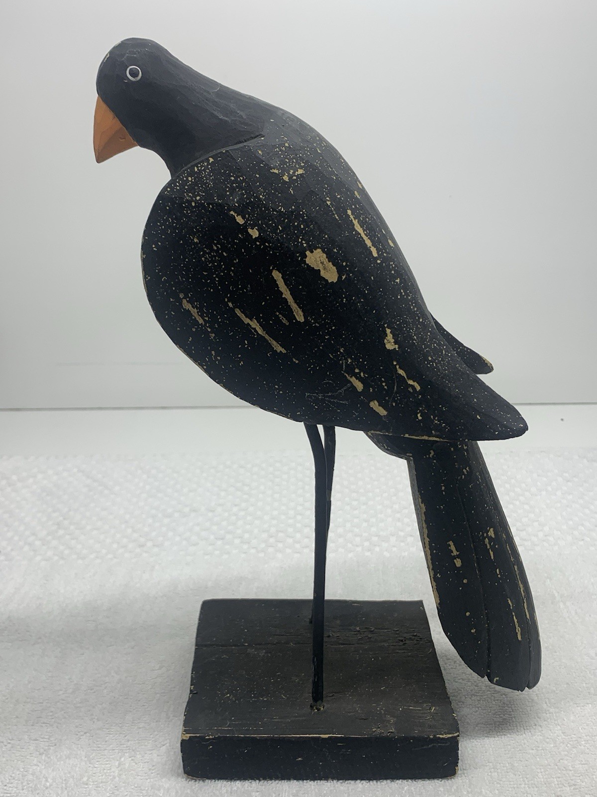 Folk Art Wooden Black Bird Crow Statue Whimsical Art Figure Wood & Metal Legs