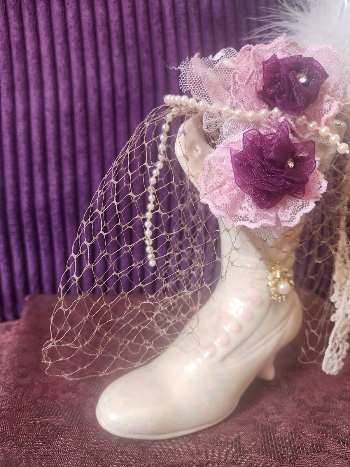 Victorian vintage ceramic boot,upcycled, lace, rose, jewel by Renee L. Lavoie