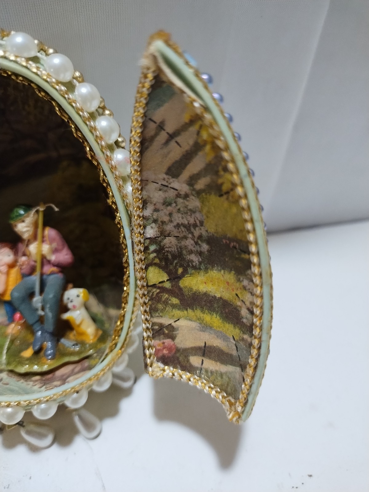 Vintage Diorama Easter Egg Man Fishing W/Child Dog Hinged Door Beaded Goose Egg