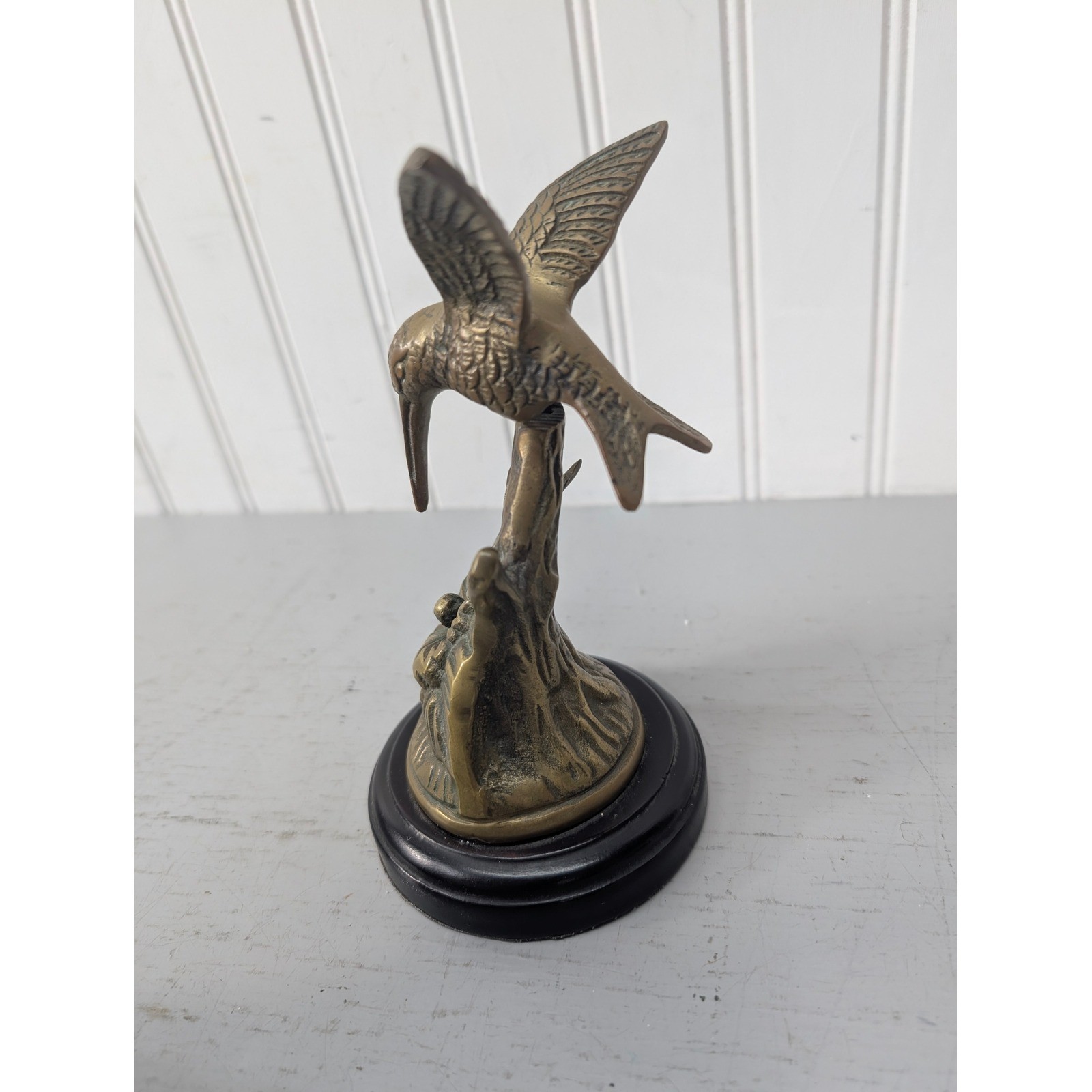 Vintage Brass Hummingbird on Flower Figurine Sculpture Black Wood Base 6.75″