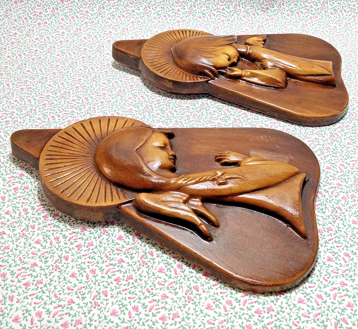 MCM Angel Wall Art Plaques Pair 9″ Praying Angels Plaster Brown UNIQUE