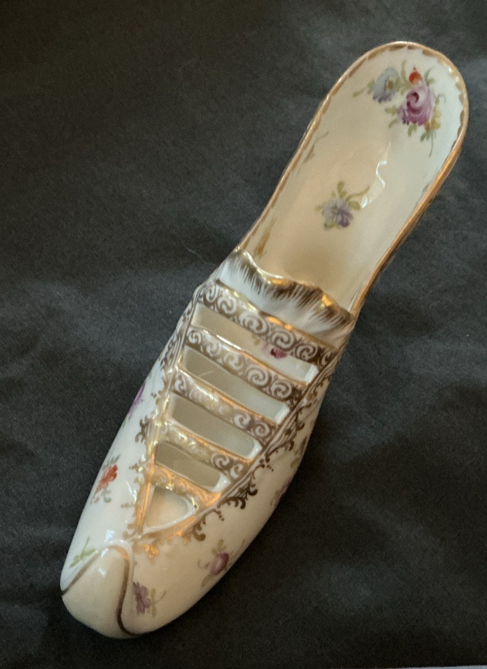 Antique DRESDEN Hand Painted Floral & Gold Shoe By Franziska Hirsch