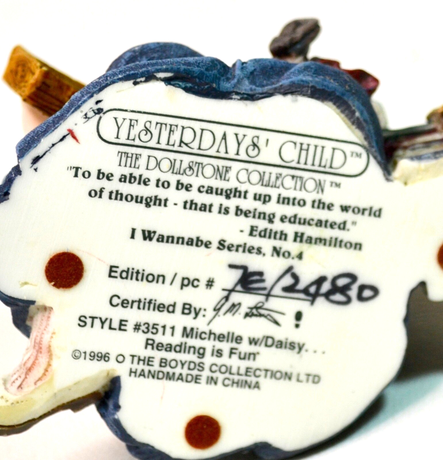 1995 BOYDS Yesterdays Child Figurine Michelle w Daisy Reading Is Fun Teacher TD