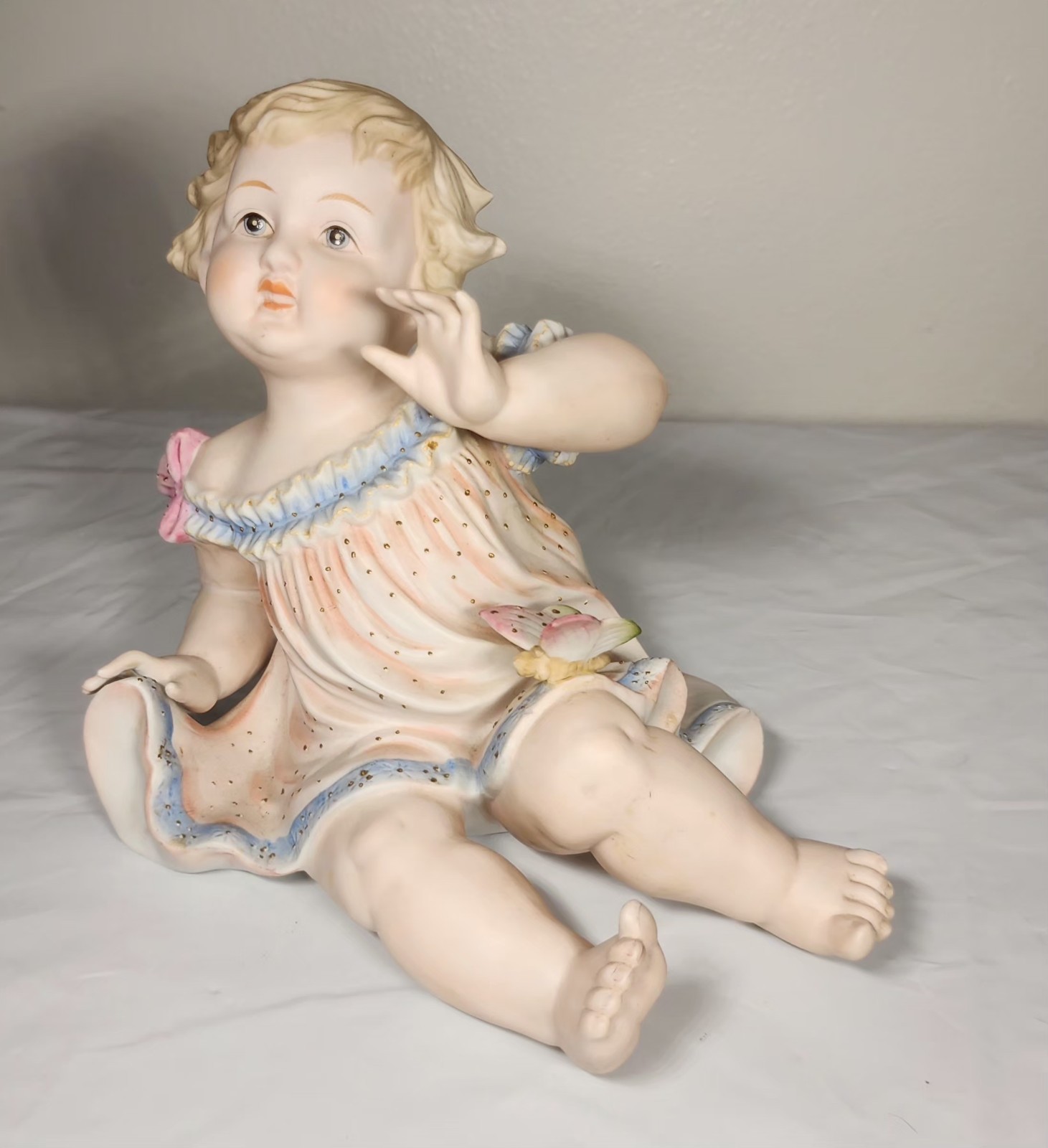 Mid-Century Andrea by Sadek Bisque Porcelain Piano Baby Figurine Girl Butterfly
