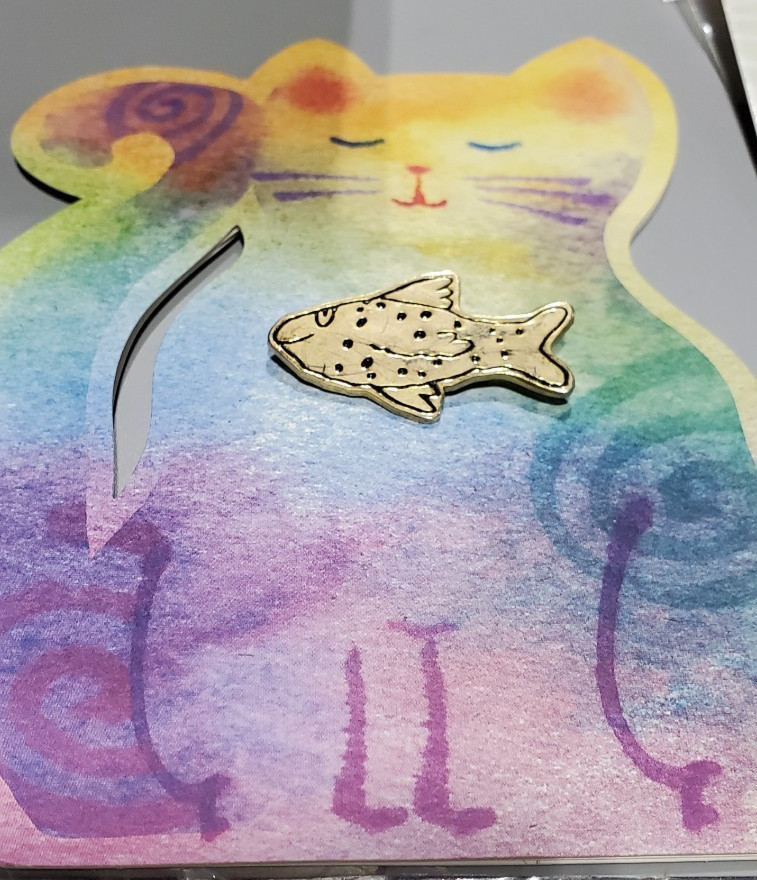 Hallmark Gold Fish Lapel Pin On Cute Cat Shaped Card