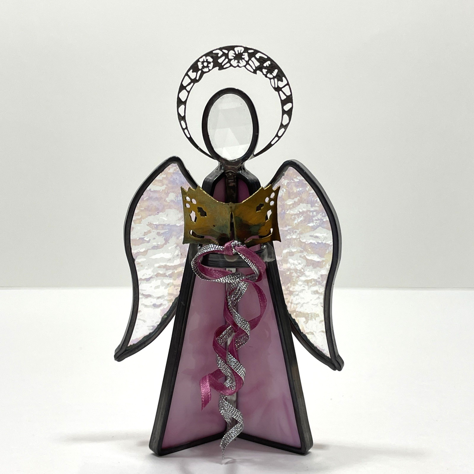Stained Pink Clear Glass Singing Angel holding Music Book Hymnal Figurine