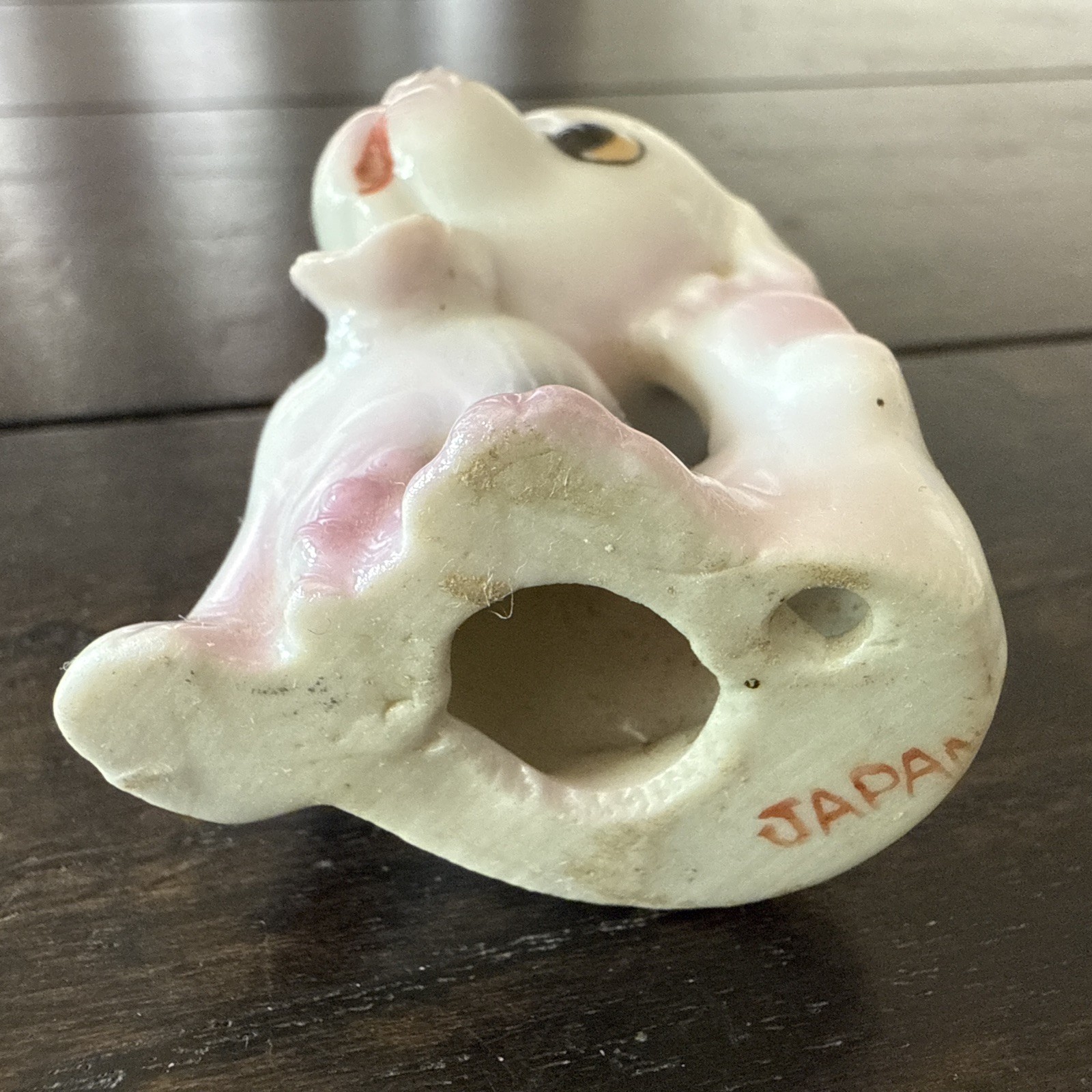 Vintage Porcelain Dog Figurine Puppy Large Eyes Flower 2” Japan Anthropomorphic