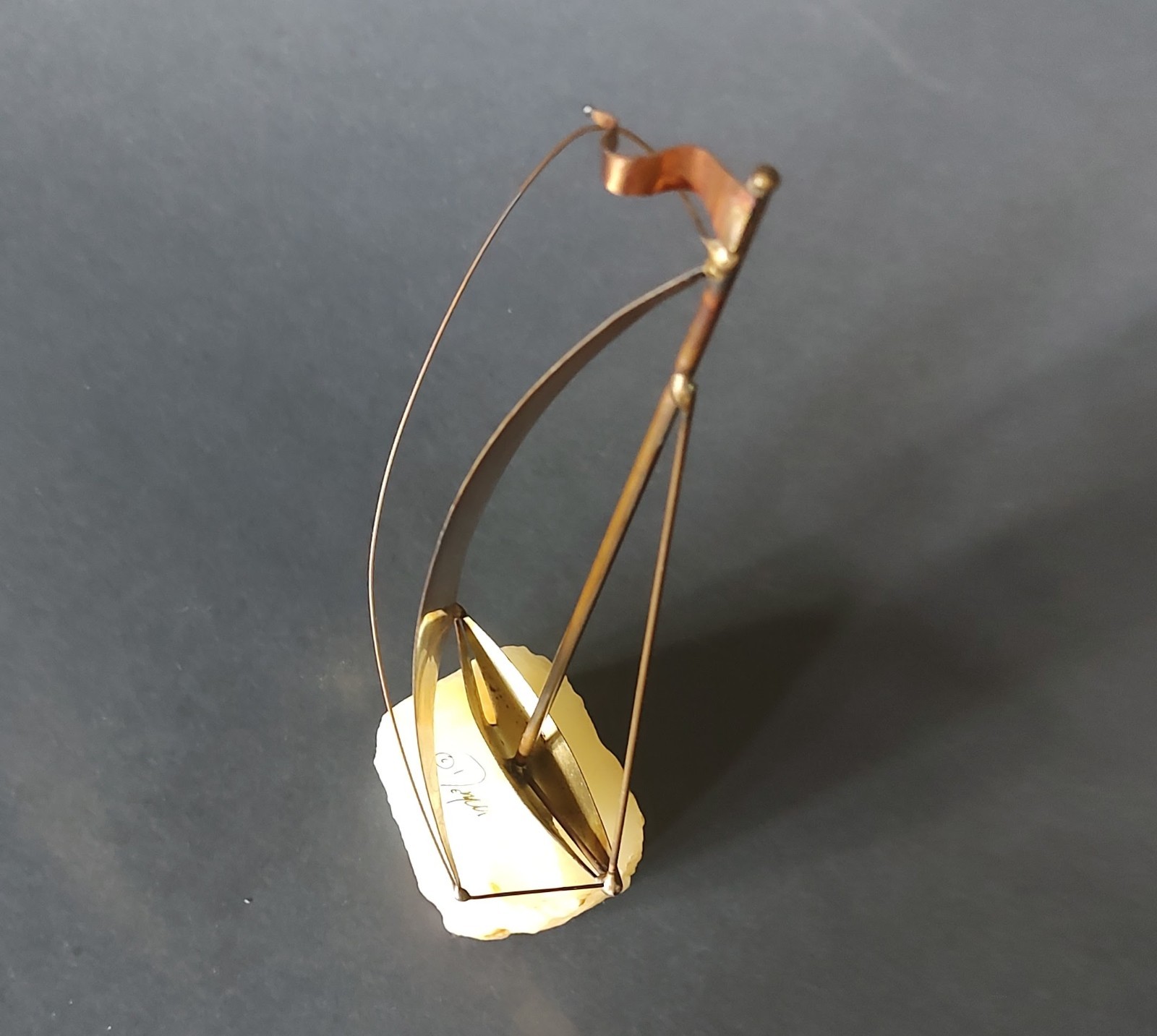 Vintage 1970s Brass Metal Sailboat Sculpture on Onyx Stone Base Signed DeMott