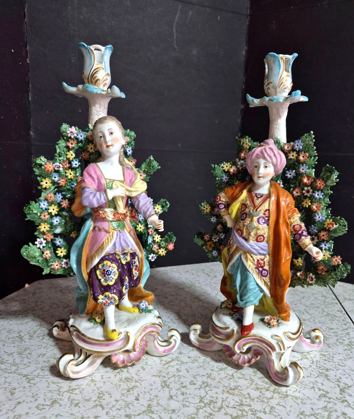Antique English Chelsea Porcelain Figurine Couple, 13″ high. RESTORED.