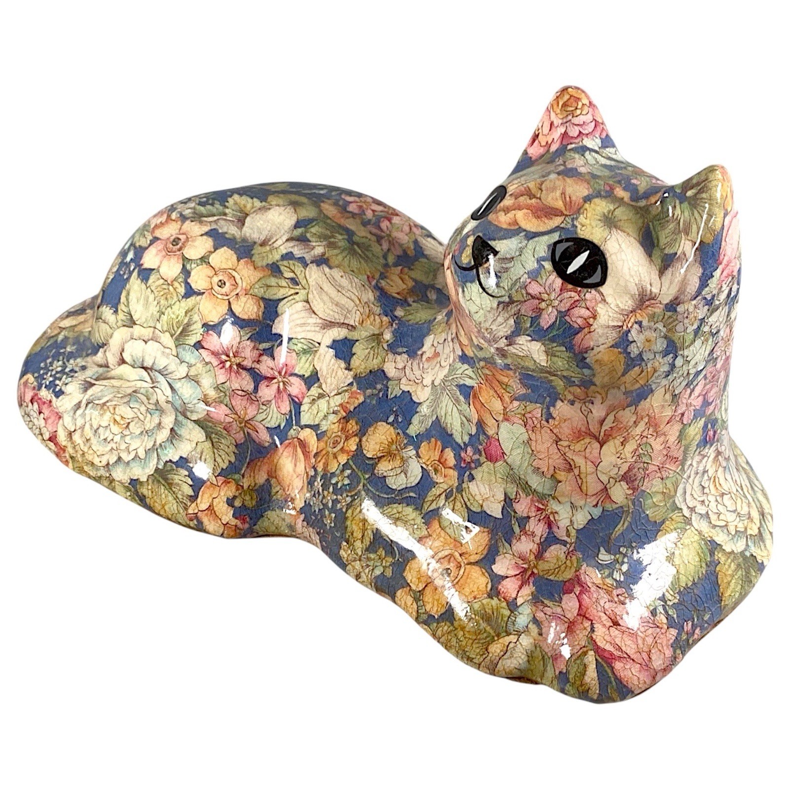 Vintage Papier Mache Cat Figurine Floral Decoupage Cottagecore Victorian Decor