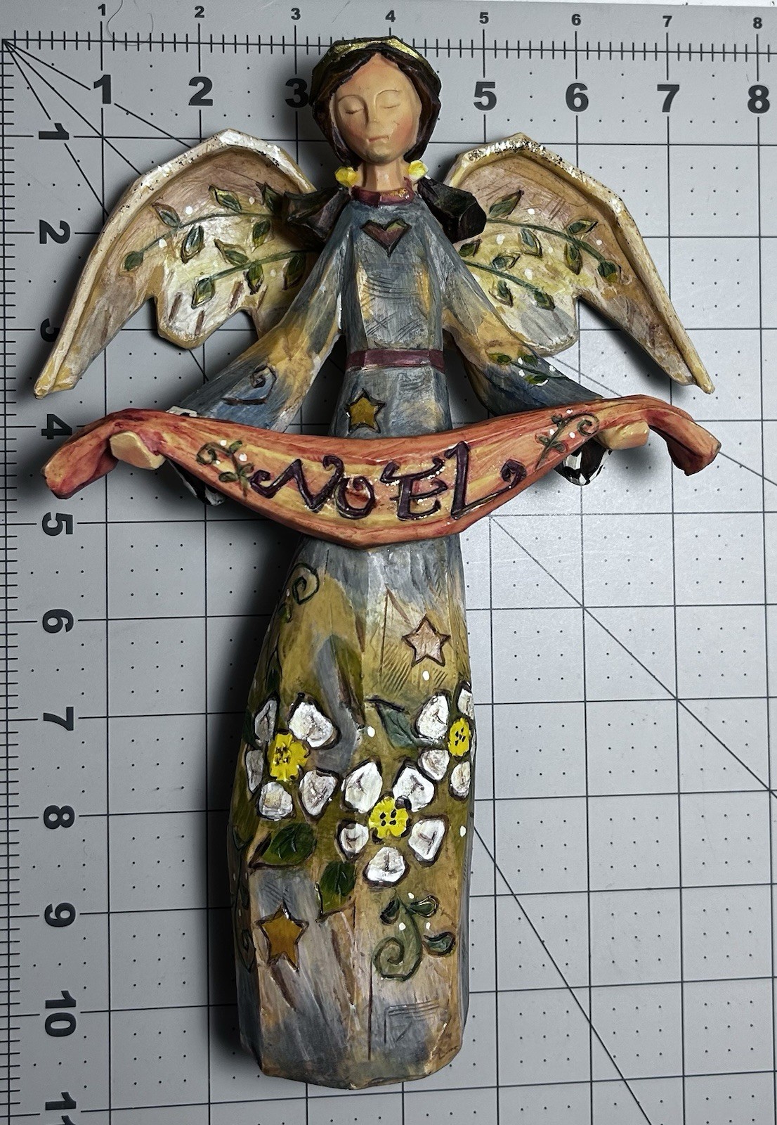 VTG Roman Inc Christmas Noel Angel Carved Resin Wood Look Rustic Folk Art 10”