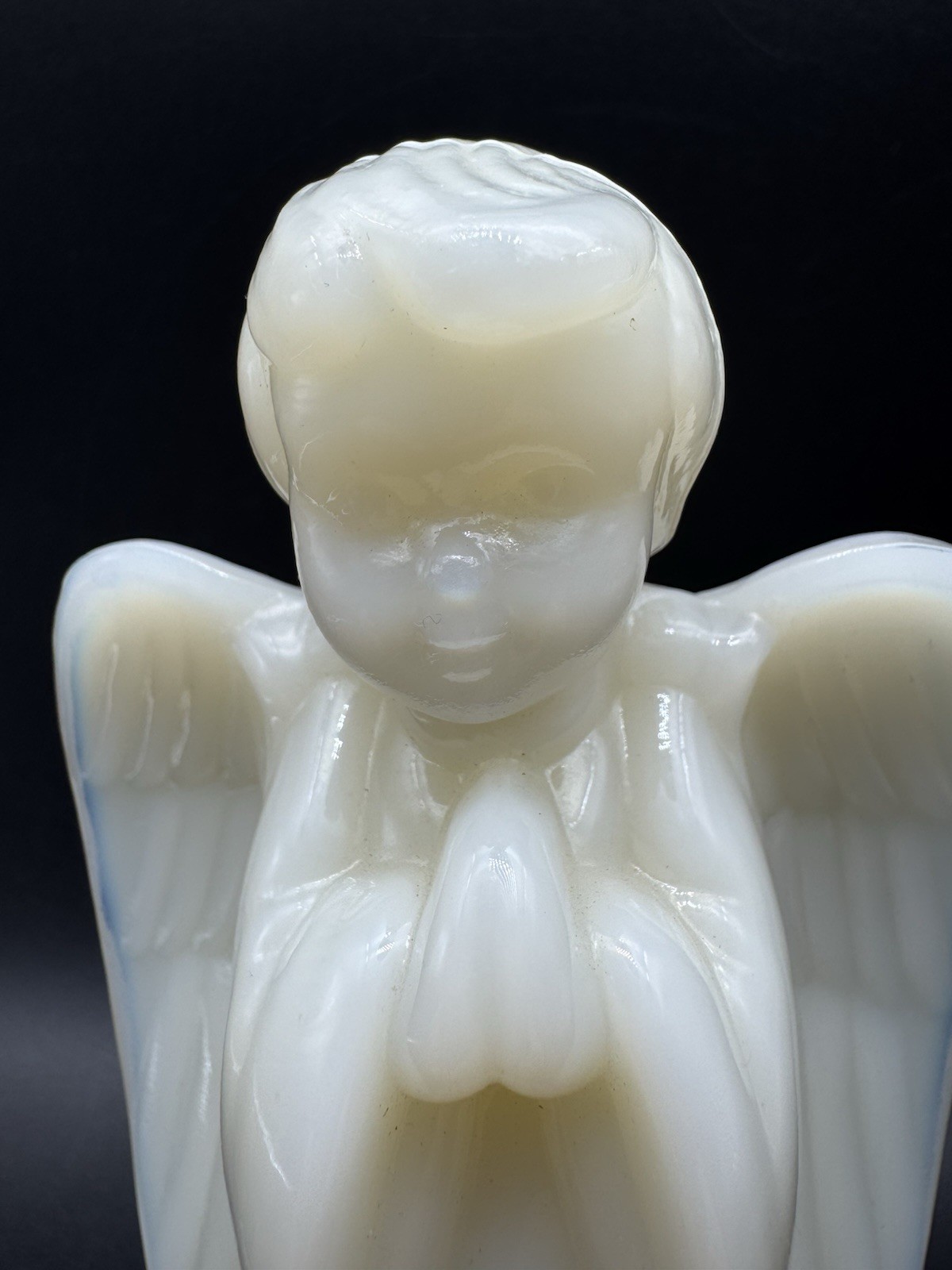 Fenton Glass Glossy White Opalescent Boy Praying Angel 6″ Figurine No Chips Etc