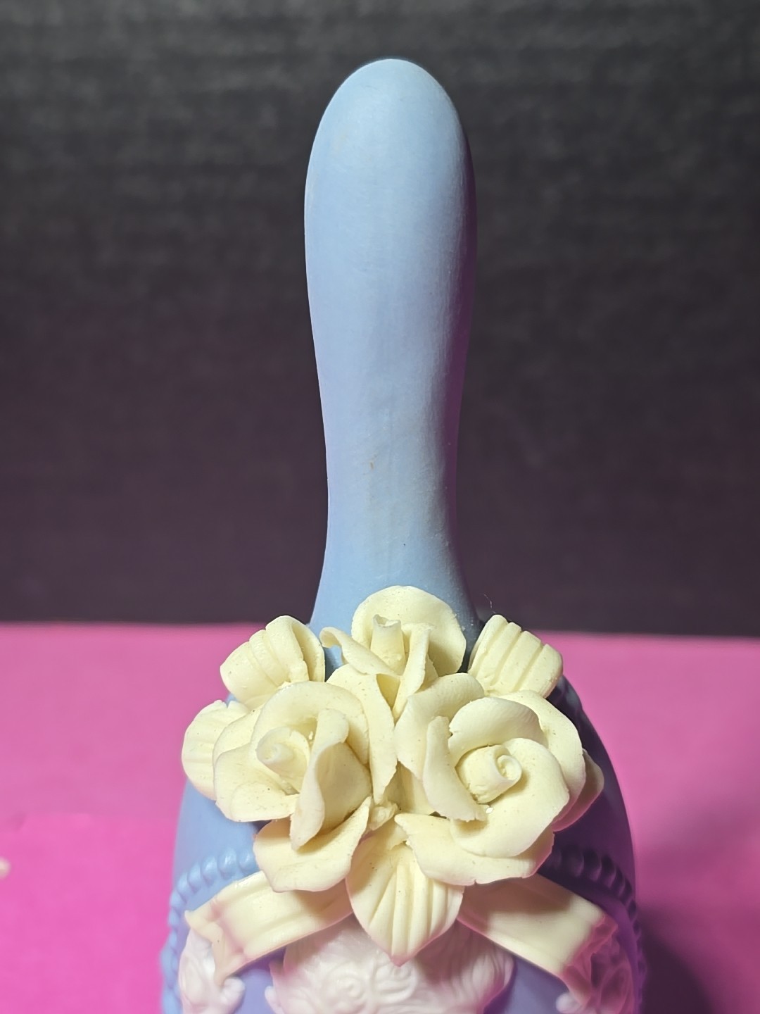Light Blue Jasperware Bell Bisque Porcelain Ivory Cameo Lady & Roses 5.75” VTG