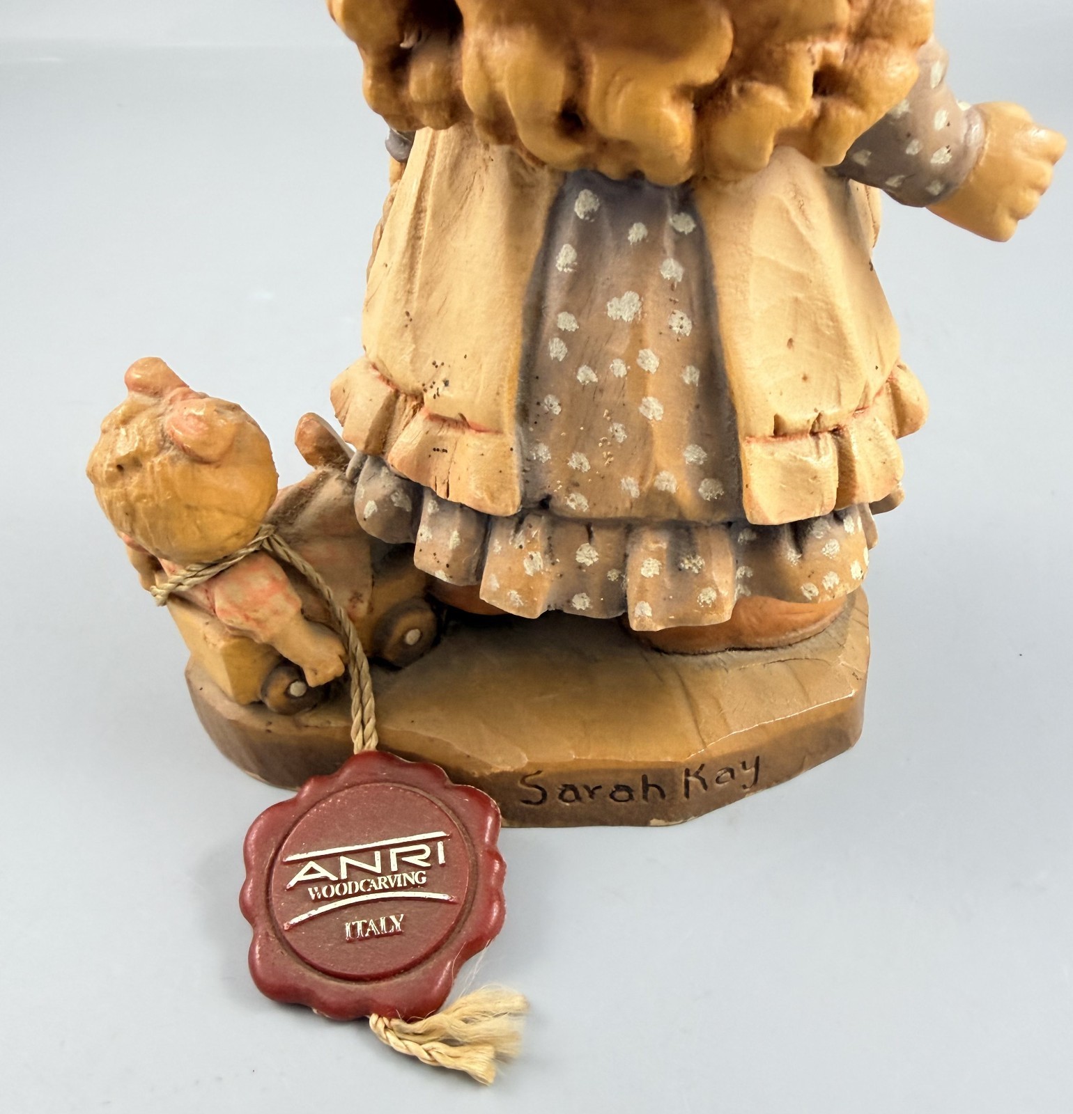 Vintage ANRI Sarah Kay Wood Carved PLAYTIME Girl w/ Wagon & Doll Figurine 6.5″