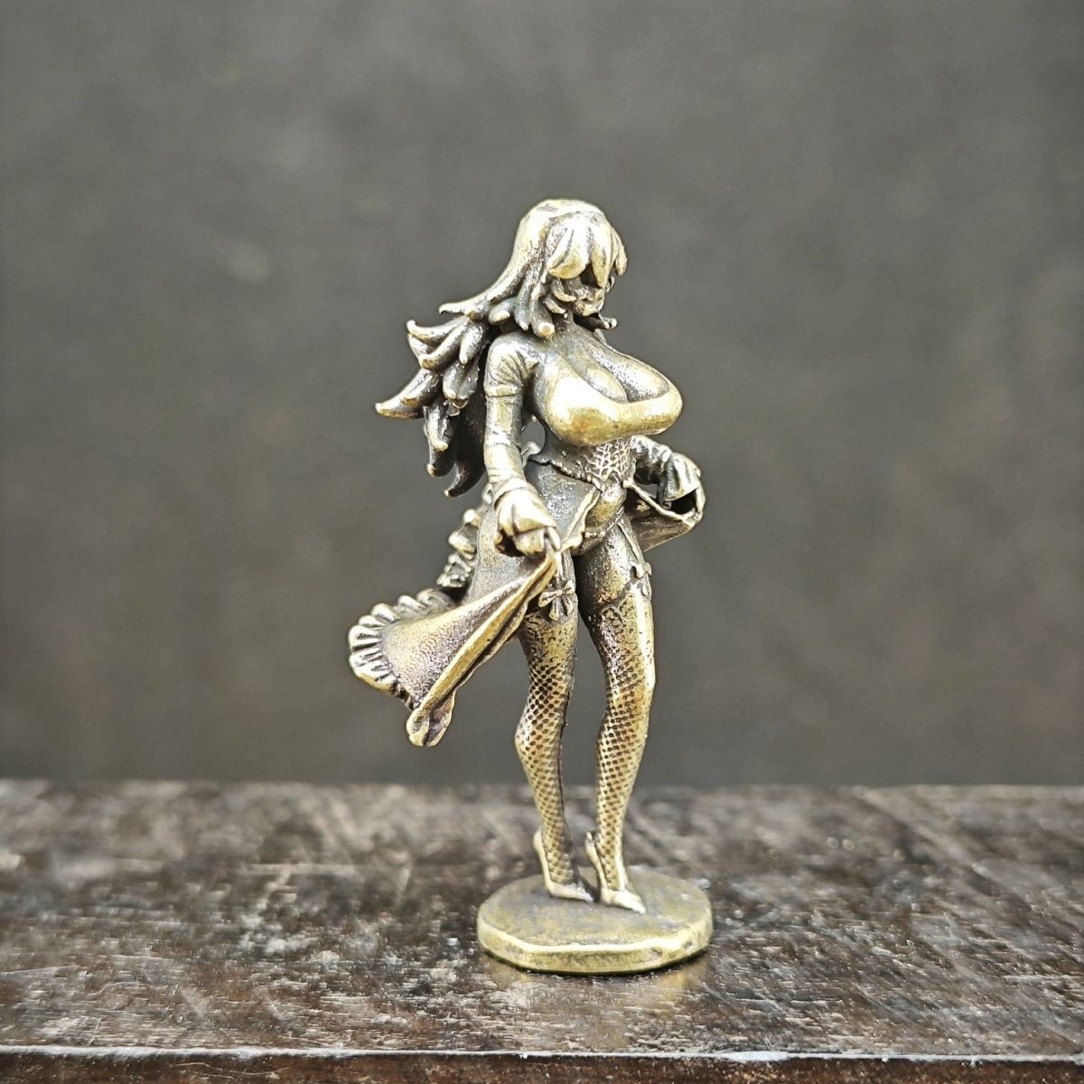 Brass Beauty Lifting Dress Mini Statue, Cute Anime Girl with Black Stockings