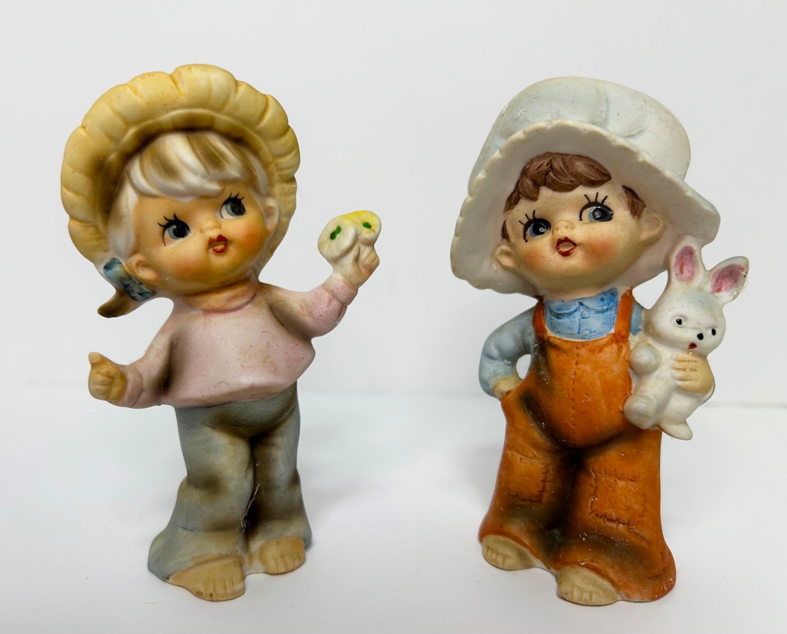 Vintage Norleans Japan Bisque Porcelain Figurine Pair – Boy/Bunny & Girl/Flower
