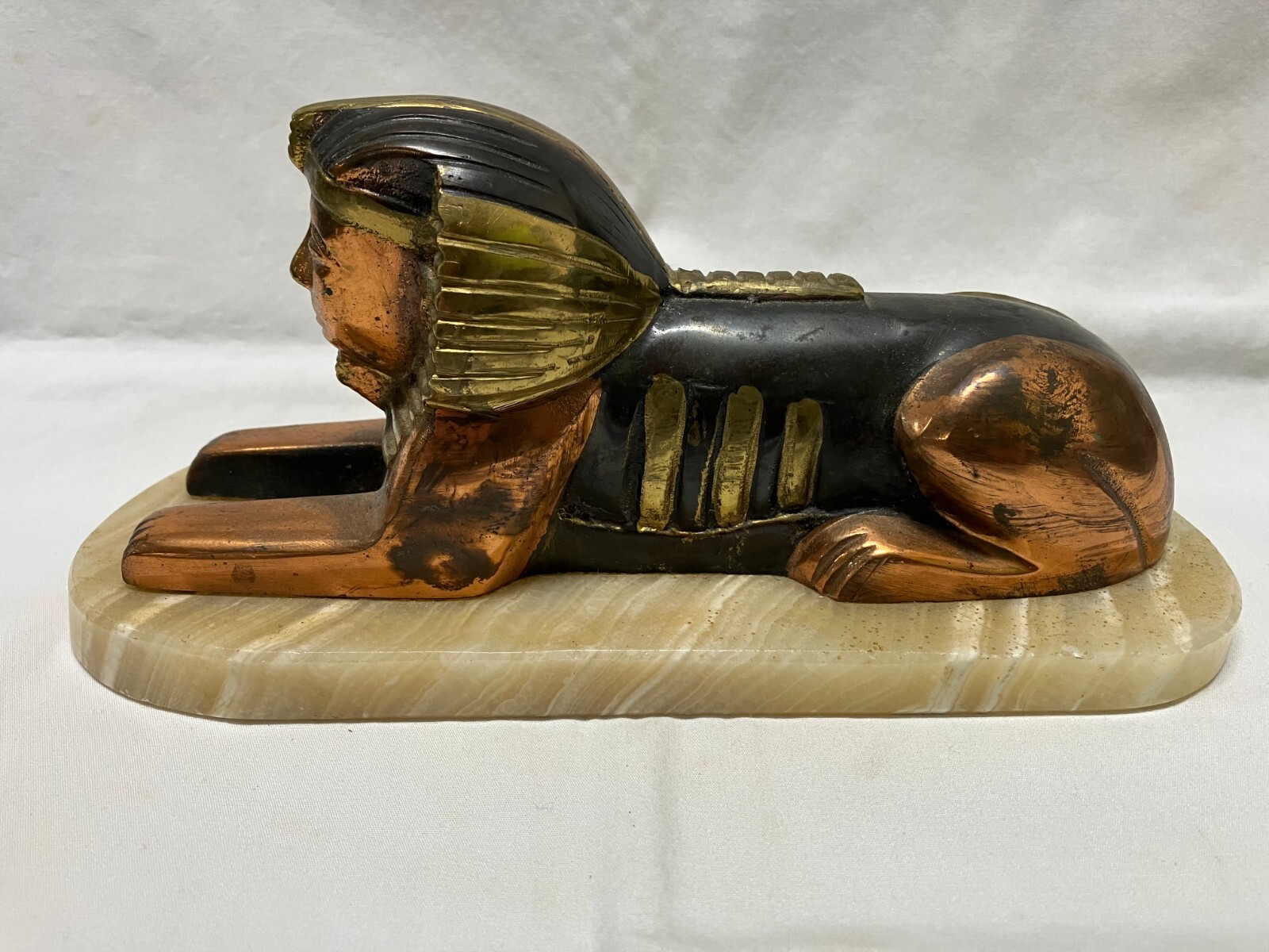 Mid Century Modern MCM Egyptian Sphinx Figurine Agate Base Pharo Faux Bronze