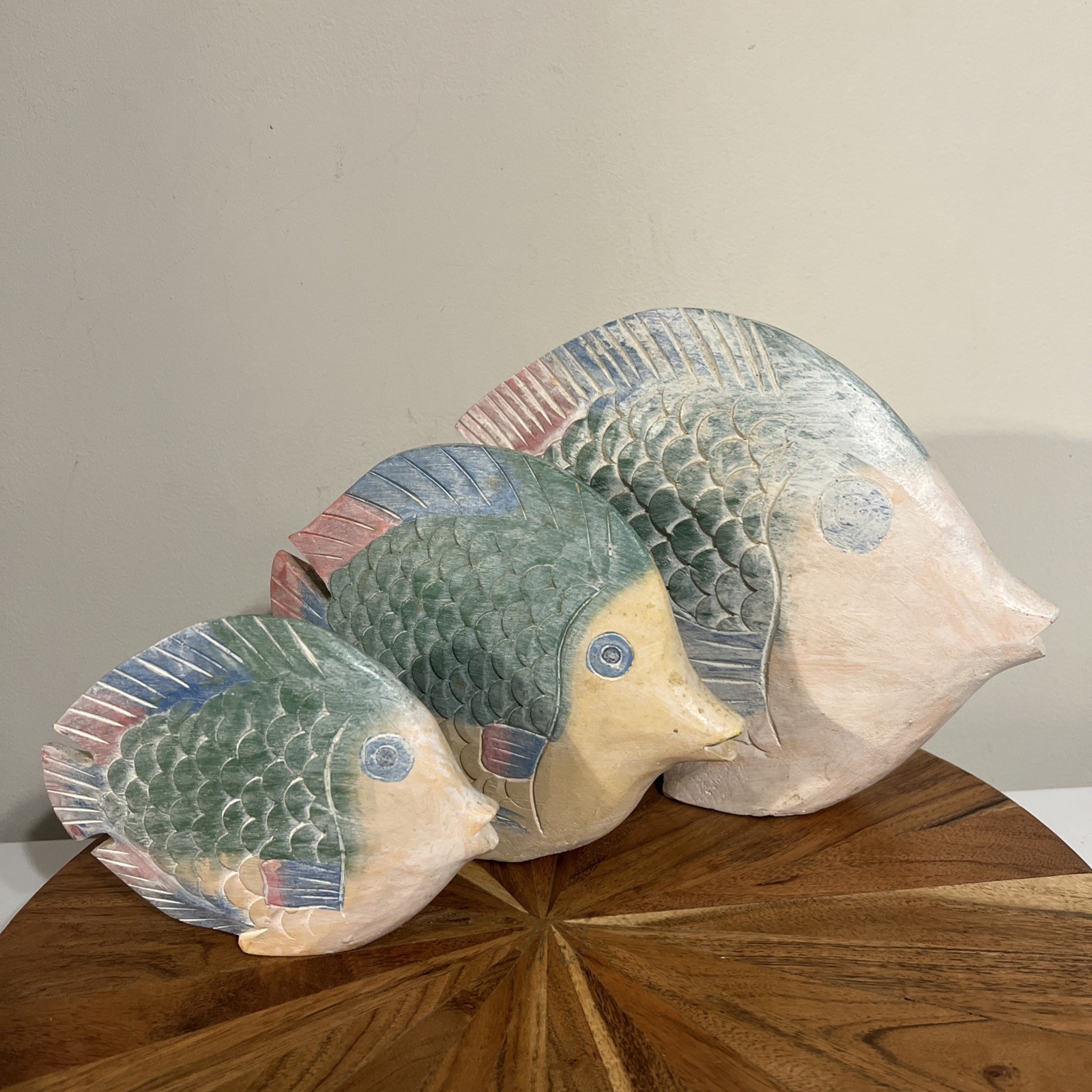 Hand Carved Wooden Tropical Fish Sculpture Coastal Decor Set Of 3 Beachhouse