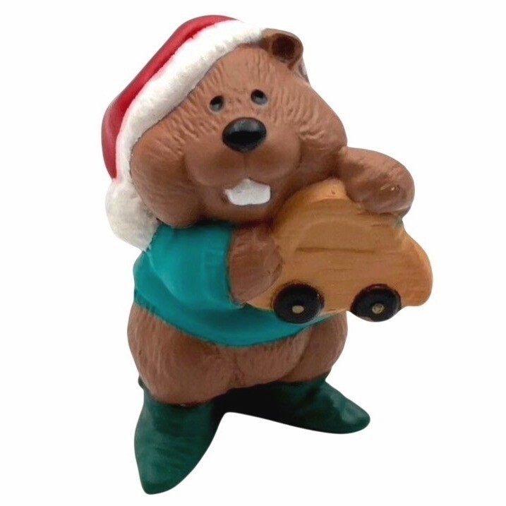 1995 Hallmark Christmas Merry Miniatures TOYMAKER BEAVER w Toy Car & Santa Hat