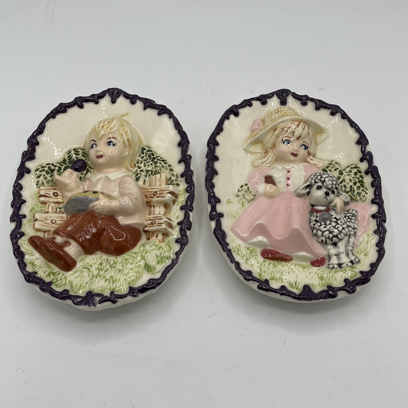 Vtg 3D Nursery Rhyme Wall Hanging Plaques 7” x 5” Mary Had Little Lamb Lil Jack