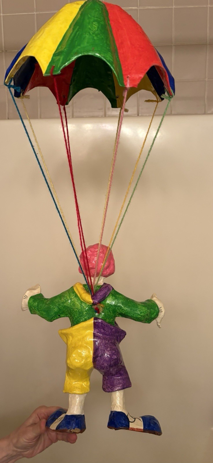 Vtg Papier Mache Parachute Clown Folk Art Balloon Figure Circus Decor Paper 29″