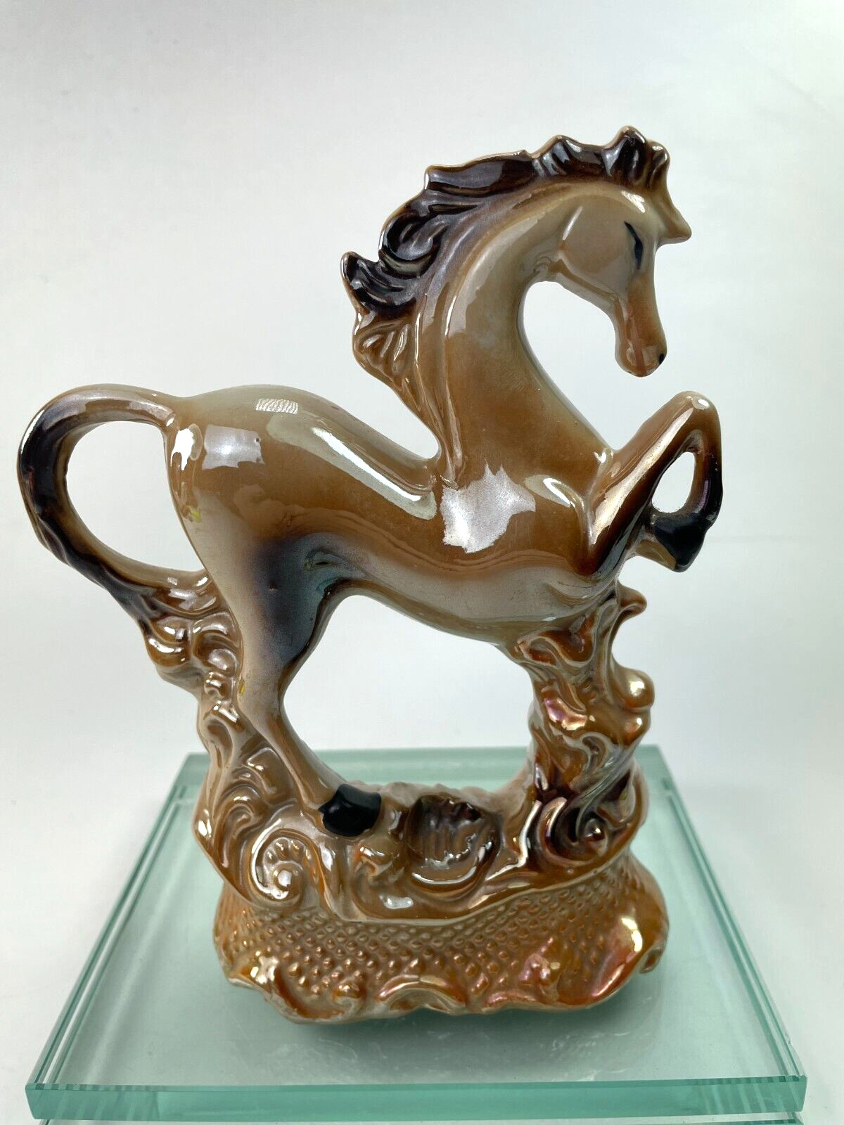 Vintage Stallion Horse Figurine Iridescent Glaze Prancing Festival Brazil Ad5