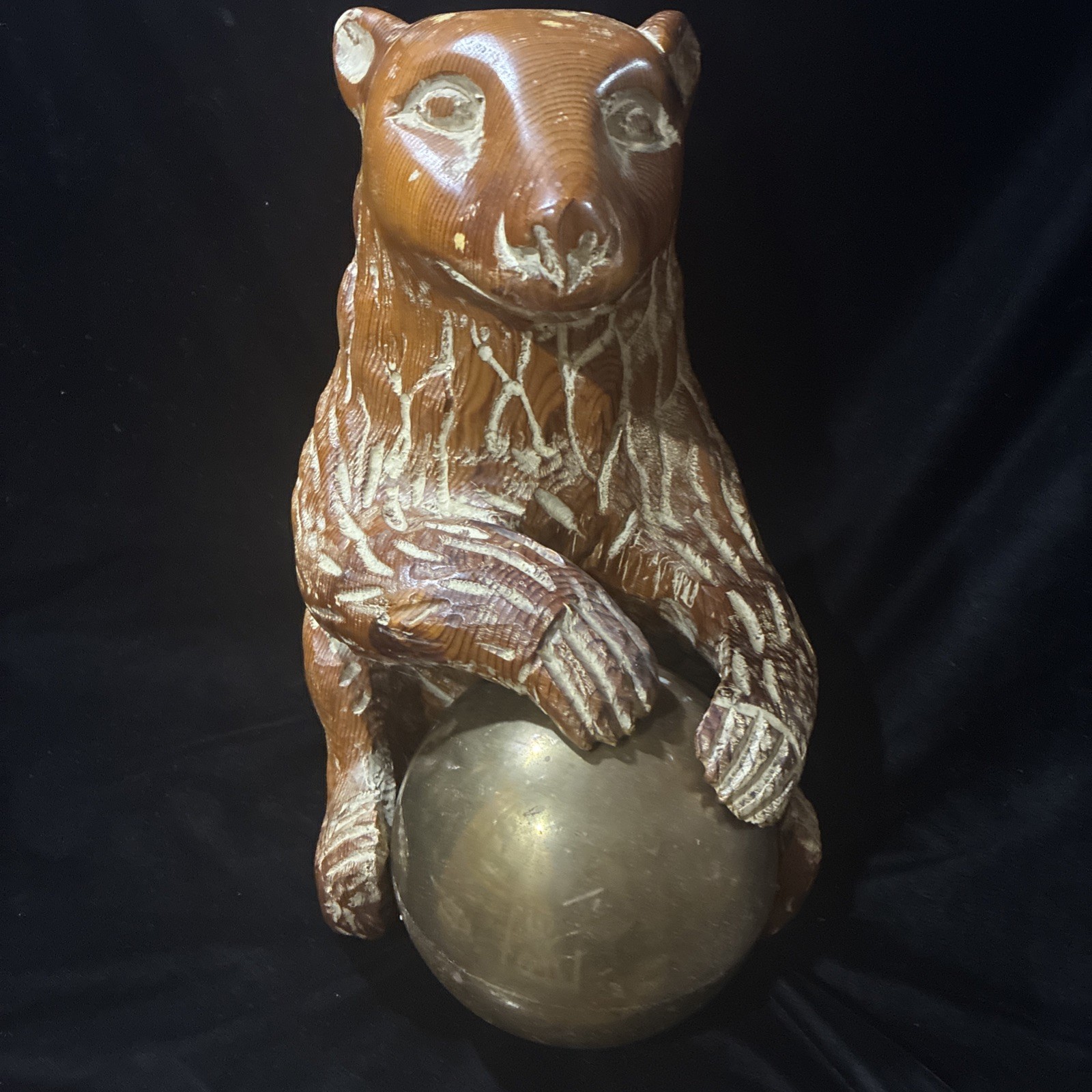 VINTAGE SARREID LTD SPAIN~ HAND-CARVED WOOD BEAR W/ BRASS BALL-MID CENTURY 