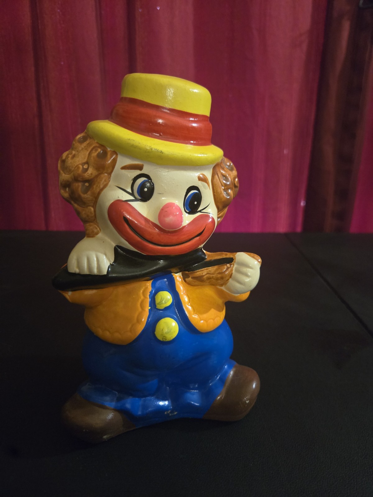 Vintage 70s HTF hand painted clown coin bank orange shirt blue pant with stopper