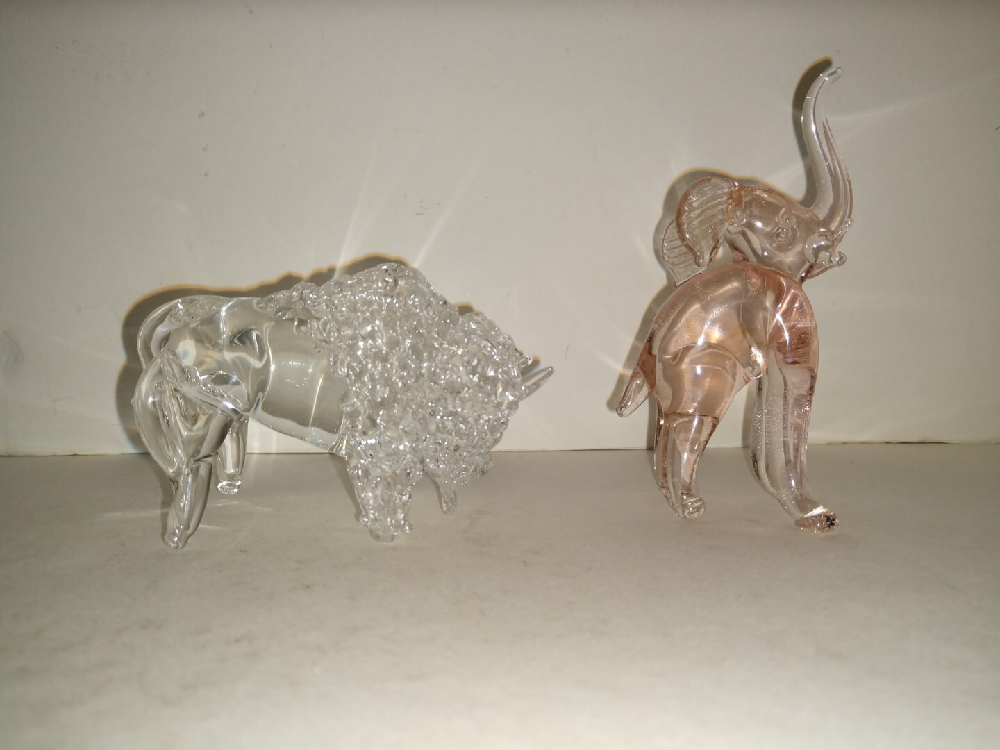 Vtg Handblown Art Glass Pink ELEPHANT & Clear BULL Figurines Lot of 2 Figures
