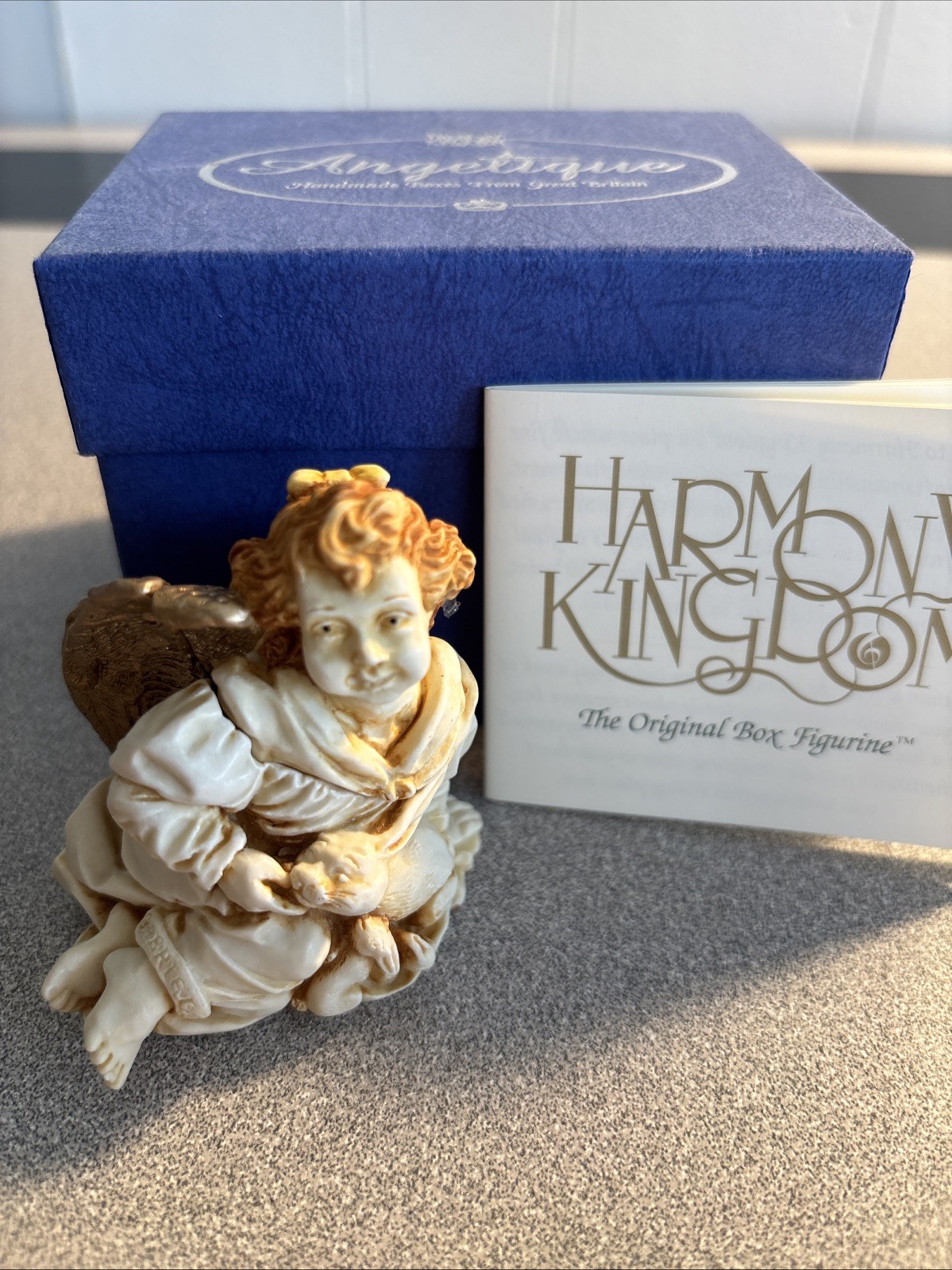 HARMONY KINGDOM Angelique Joie de Vivre Angel W/Bunny Box Figurine, Retired.