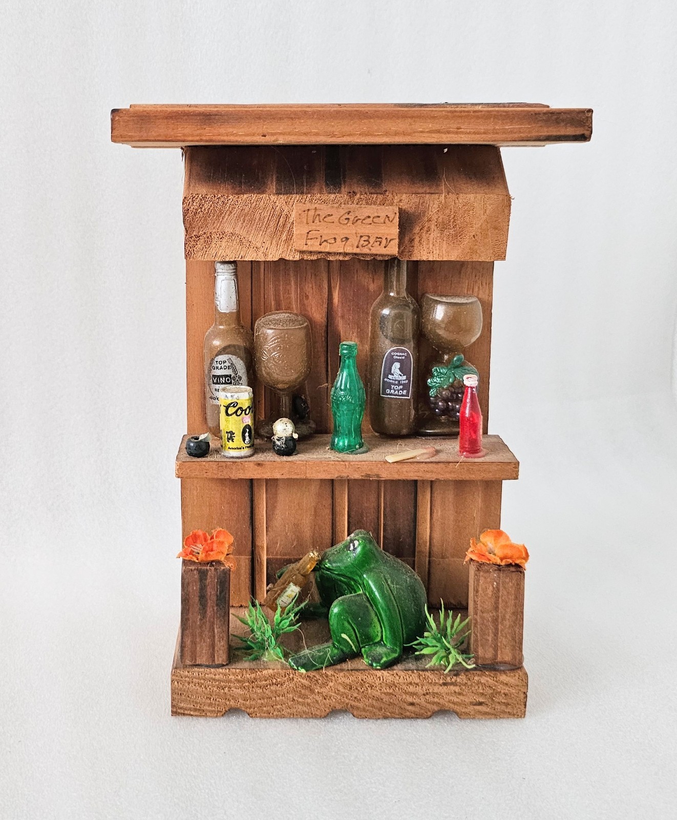 Wooden Folk Art Bar Diorama Model “The Green Frog Bar” Handcrafted Vintage 8″