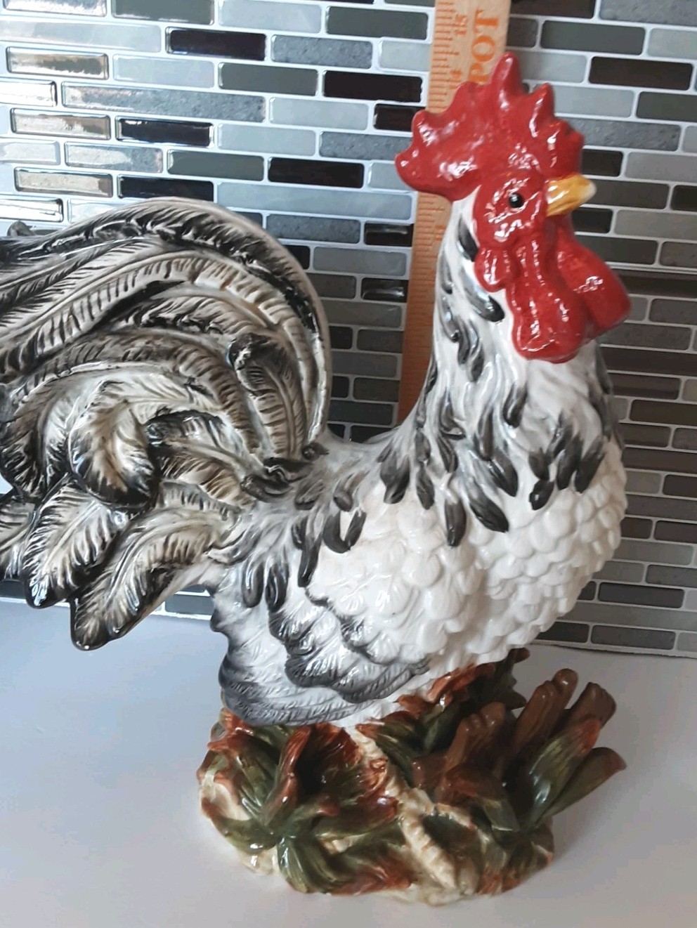Noble Excellence Colorful & Stately Vtg 15″ Ceramic Rooster White & Black Read!