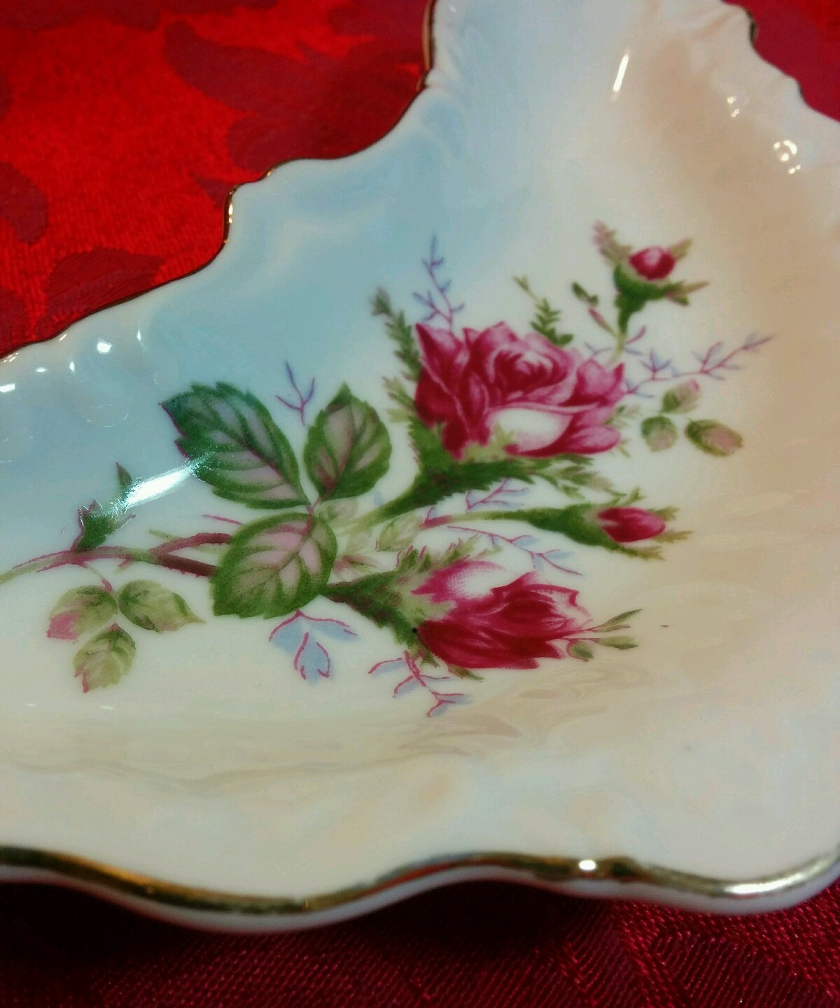 Early Charles Sadek Co. Inc Porcelain Crescent Dish Pink Rose Floral Gold Gilt