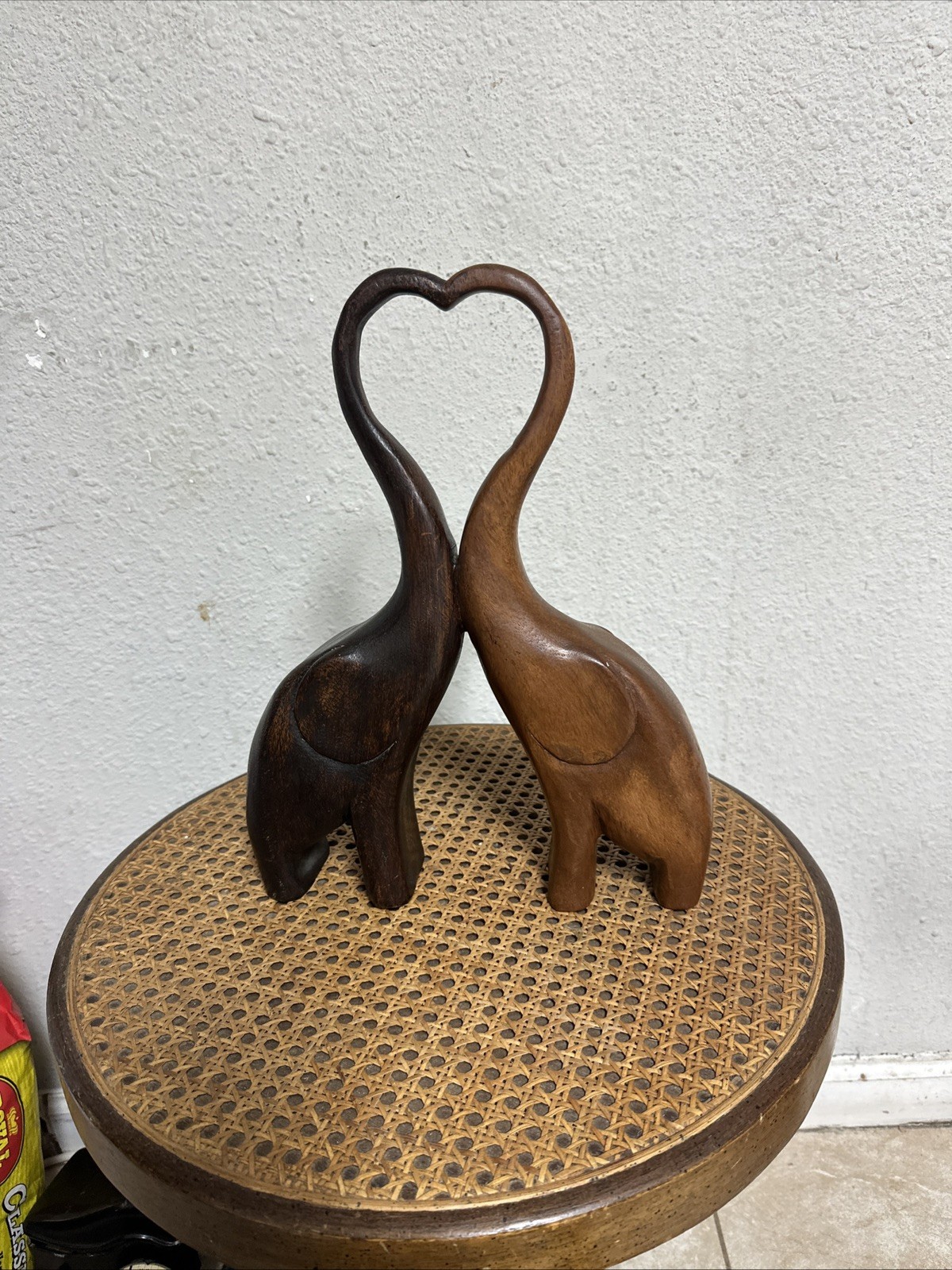 Mid Century Pair Wood Elephants Sculpture Hand Carved Heart Shaped Trunks Brown