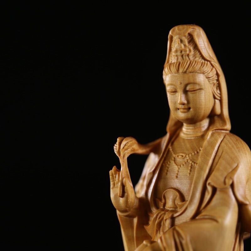 4.7″ Natural Boxwood Carving Dragon Avalokitesvara Bodhisattva Fengshui Ornament