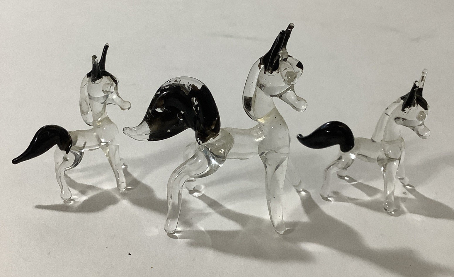 Set Of 3 Clear Glass Horse Figurines Trio Black Ears Tails Animal Mini