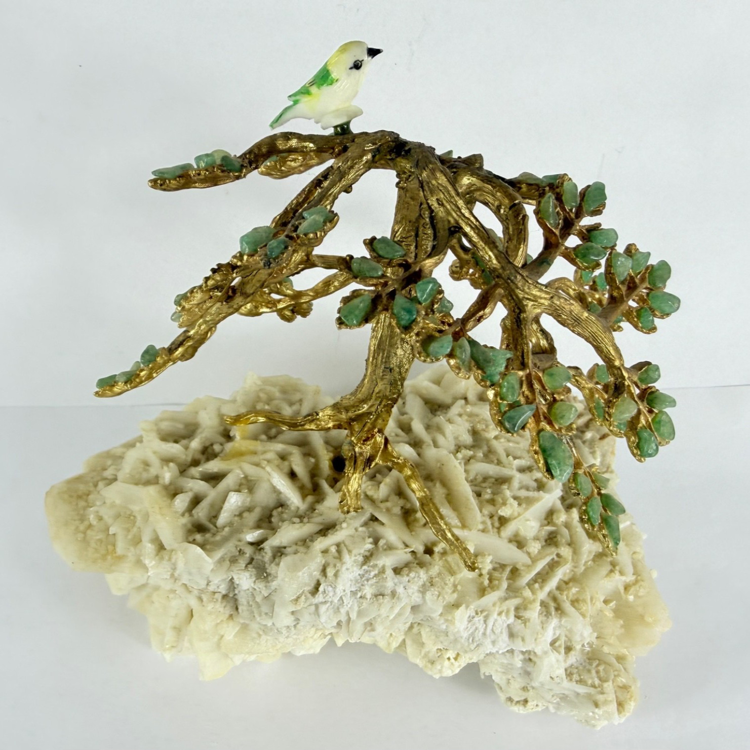 Swoboda Jade Leaves Tree With Bird Gold Trunk Branches Mineral Base VTG 60s
