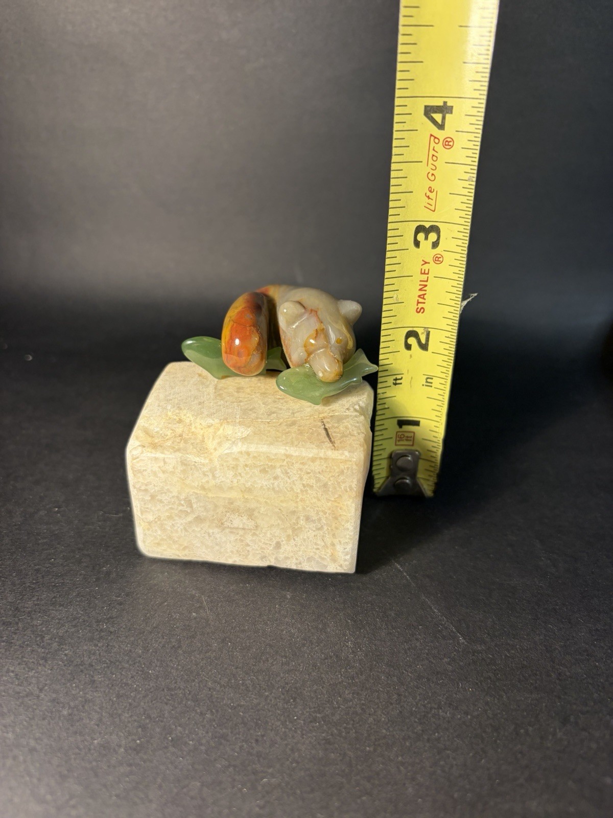 Small Carved Alabaster? Stone Bear With Fish On Stone Platform ( Crack) 3.25”