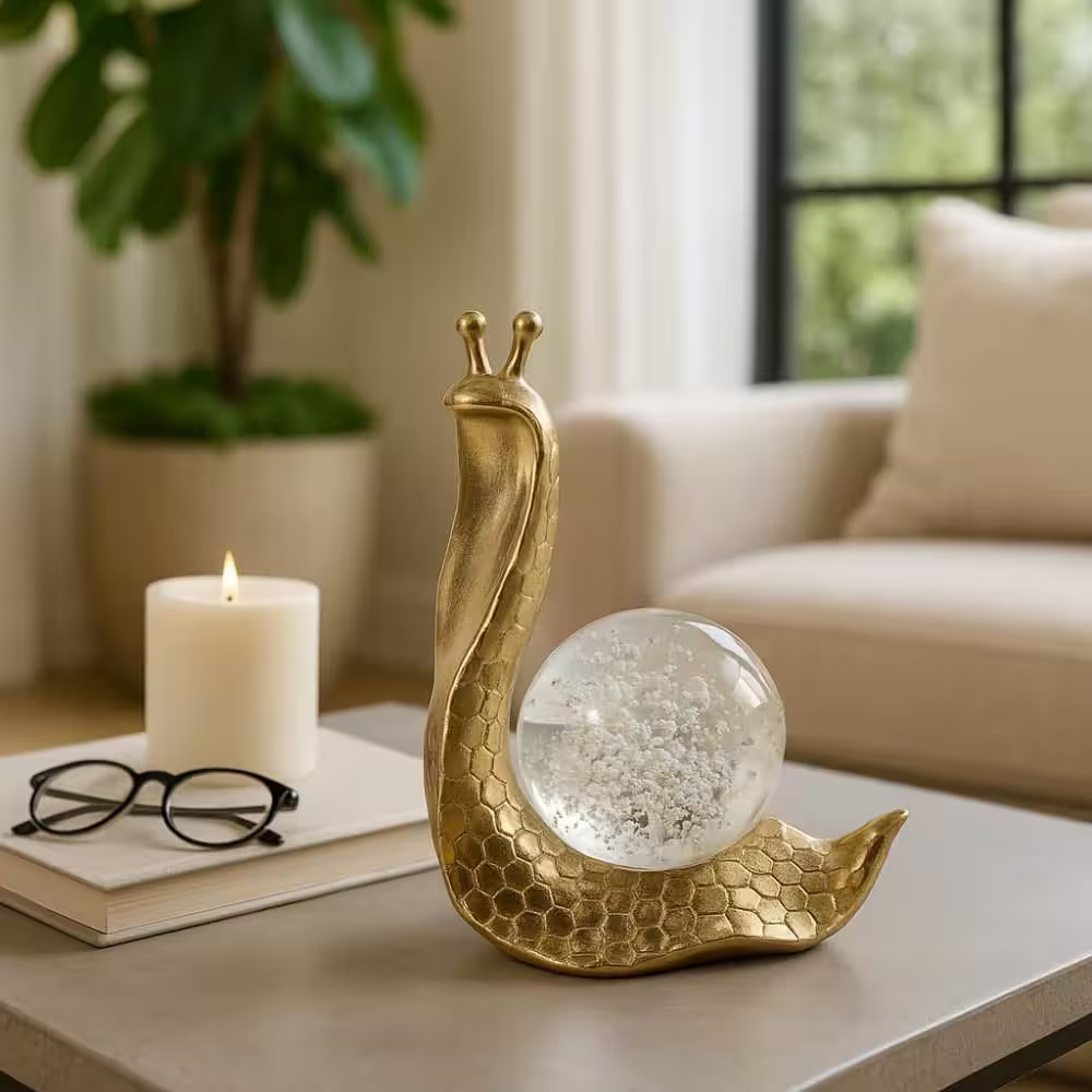 Gold 5.5 in X 7.5 in Resin Snail with Glass Ball Figurine