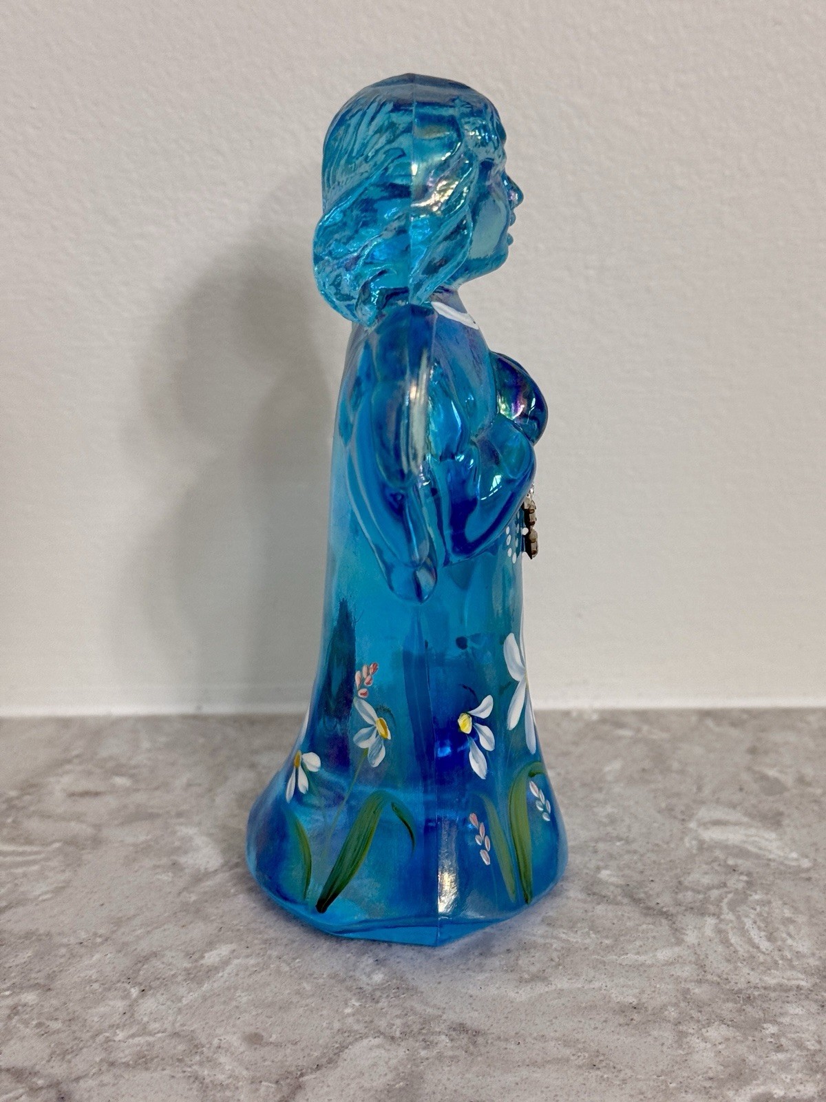 FENTON Angel Praying Rhinestone Cross Blue Hand Painted Signed