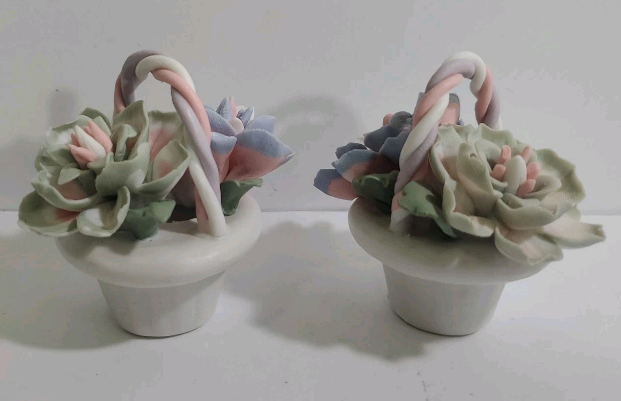 Vintage 1980 Bisque Porcelain Hand Painted 3D Floral Bouquet in Basket Set of 2