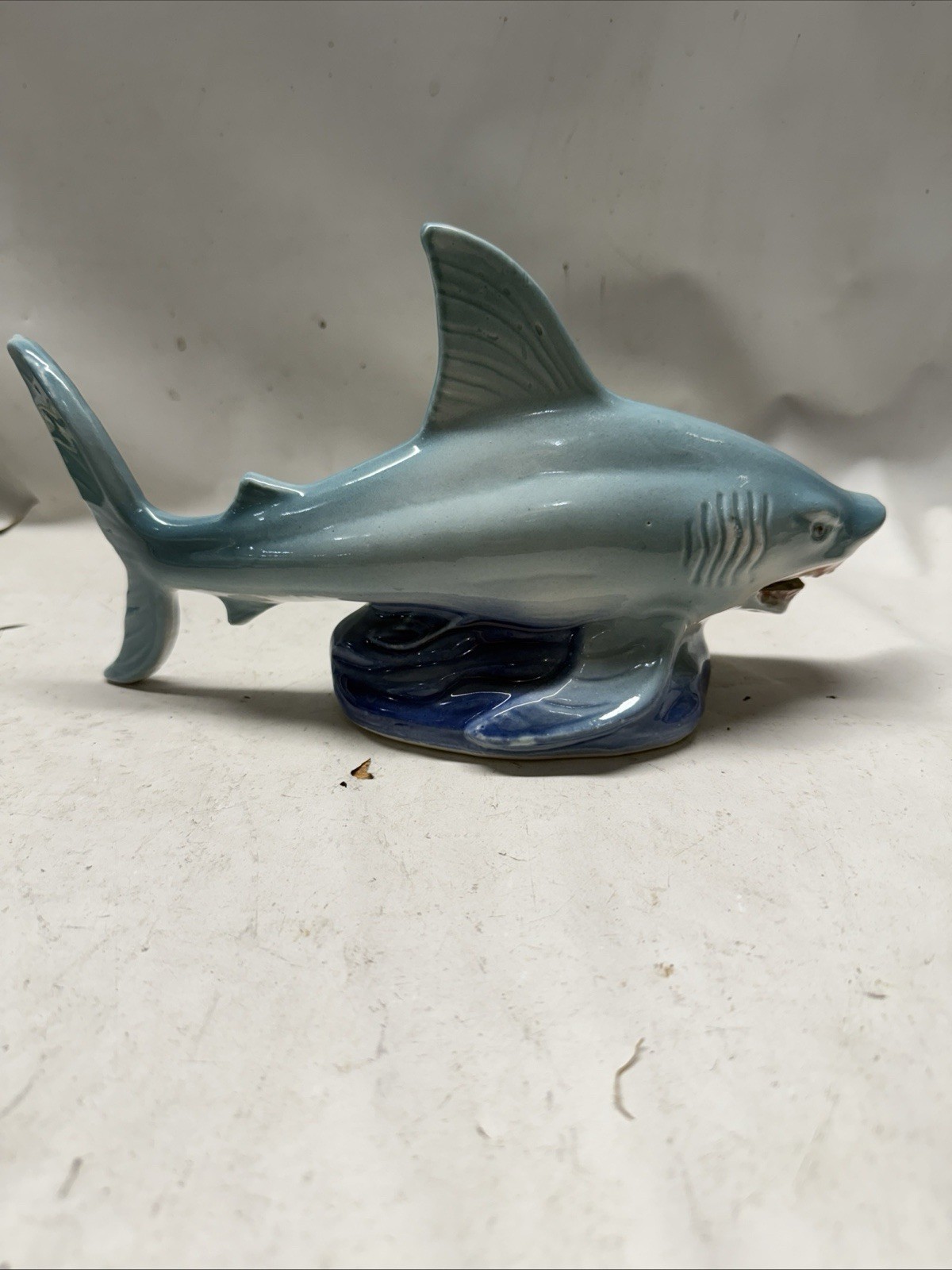 Vintage Glazed Ceramic Great White Shark Blue Figurine Made in Brazil 8.5” x 5”