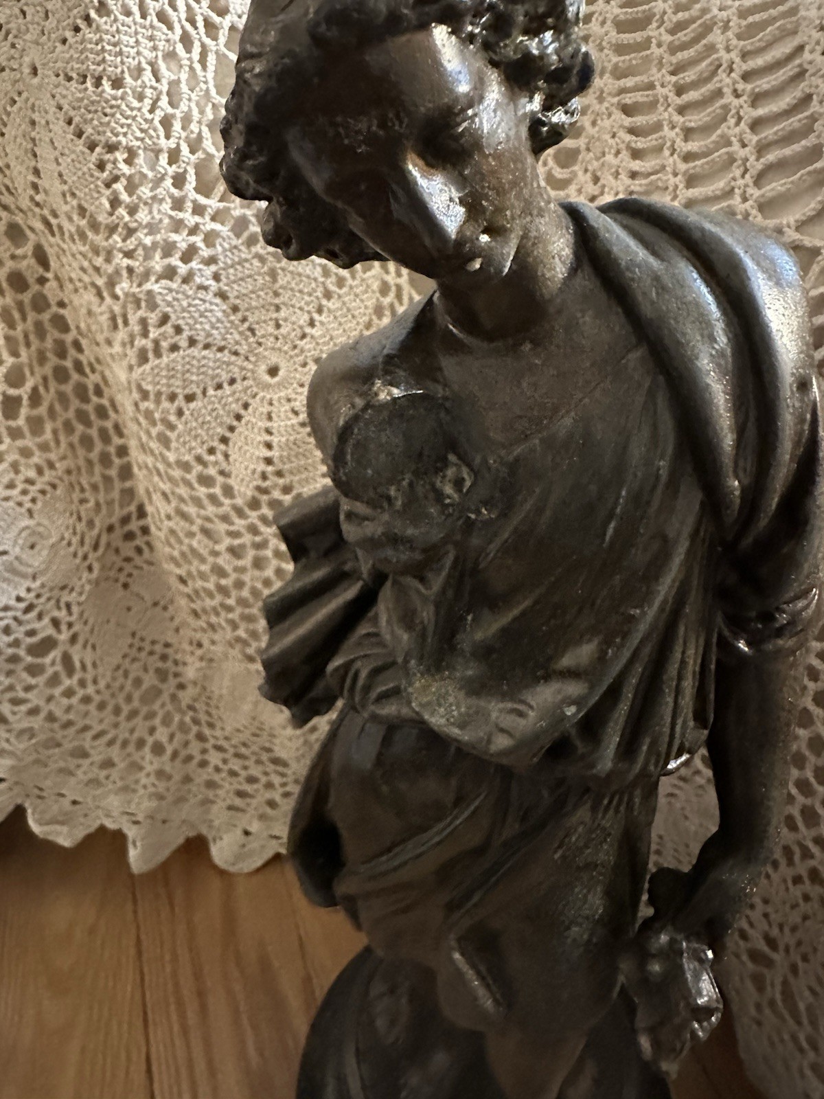 Beautiful Antique Bronze Statue Woman Flowers Heavy 17″ As Is ** Missing Arm