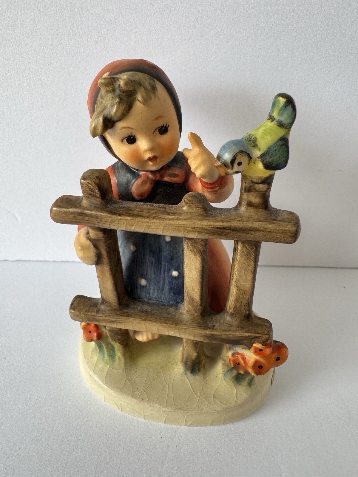 Hummel 203 Signs of Spring Girl w Bird Fence Goebel Germany