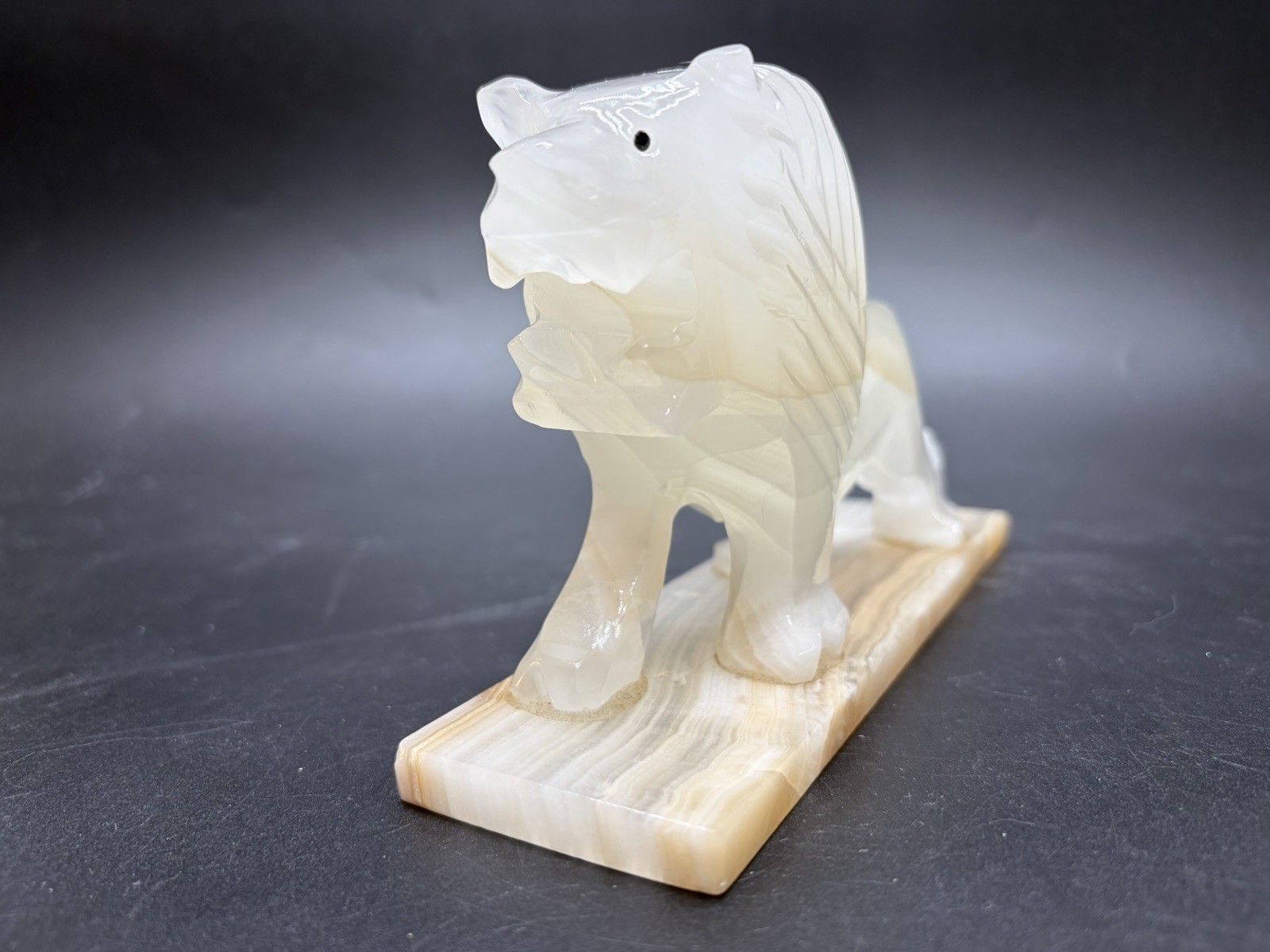 Vintage Hand Carved Art Deco Style Onyx Stone Lion On Onyx Base Sculpture