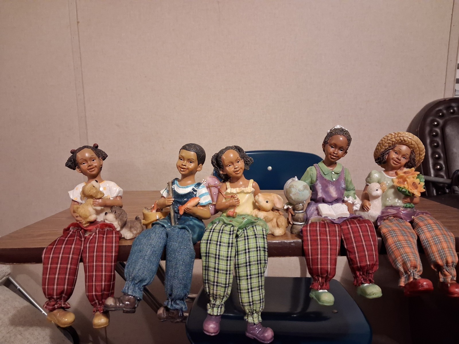 Set of 6 Resin Children Figurines Plaid Pattern Holding Animals Painted 2000s