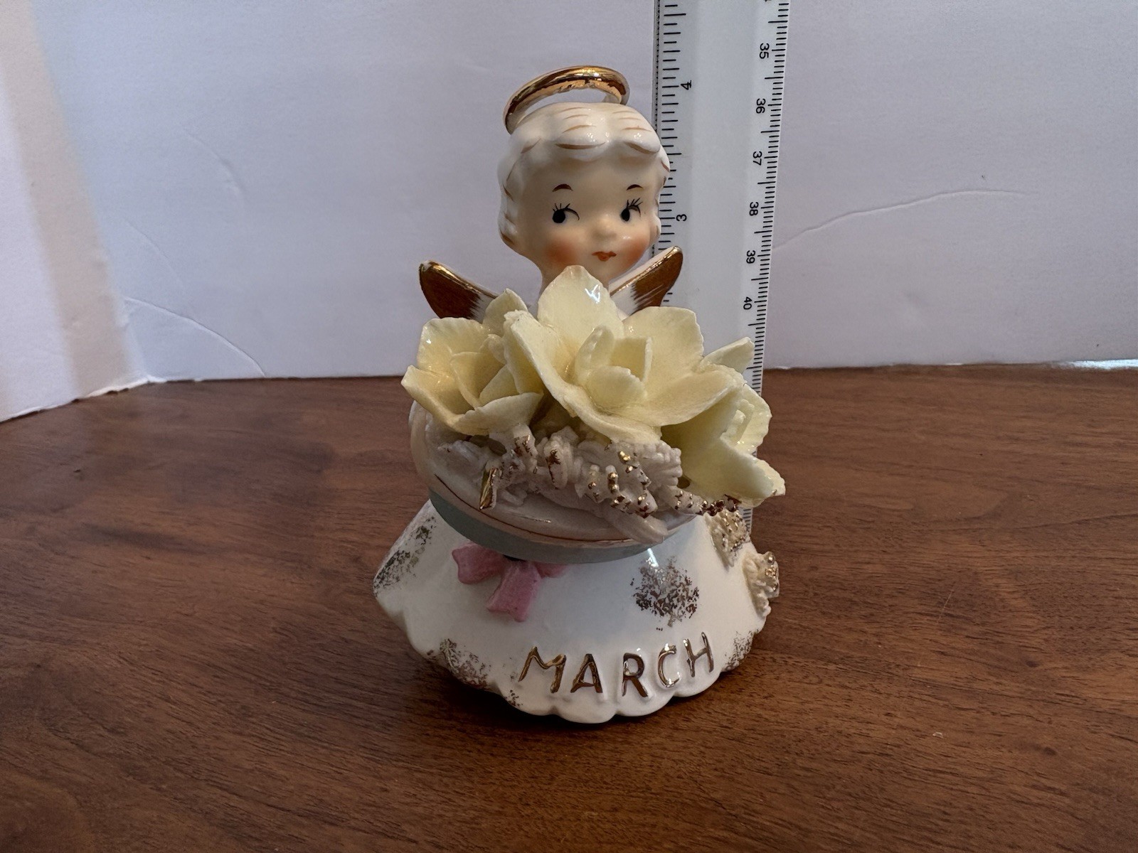 Vintage 50s Geo Z Lefton March Ceramic Birthday Angel Daffodil Aquarmarine 489