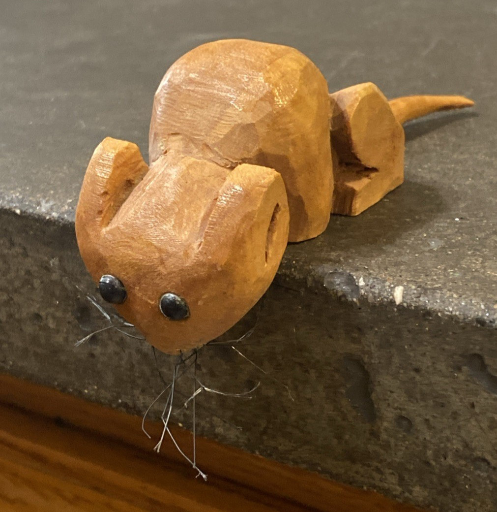 Carved Wooden Mouse Figurine Shelf Sitter, signed by artist