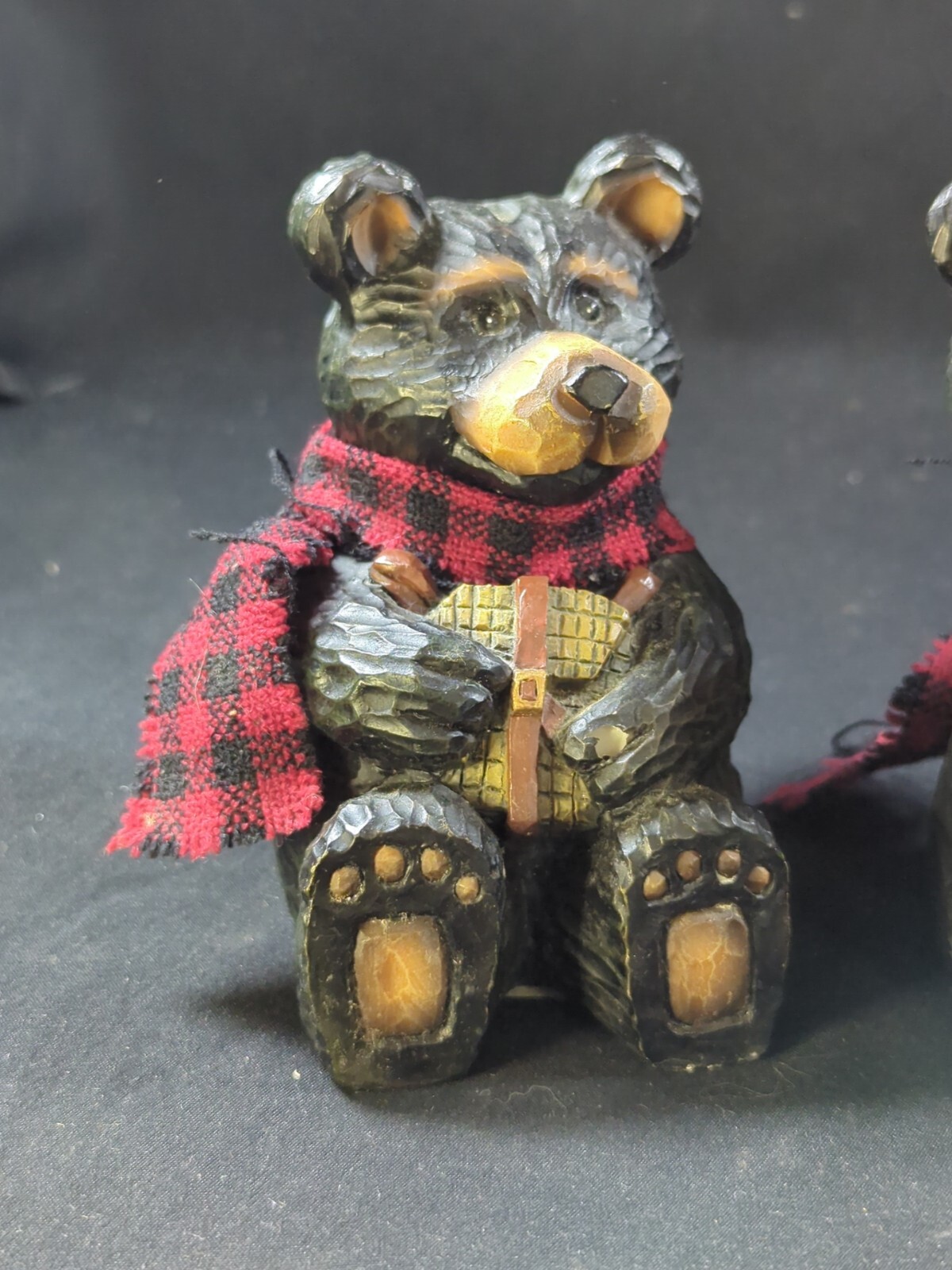 Set 3 Young’s Bears Black Red Plaid Scarf Resin Carved Look Cabin Decor Figure