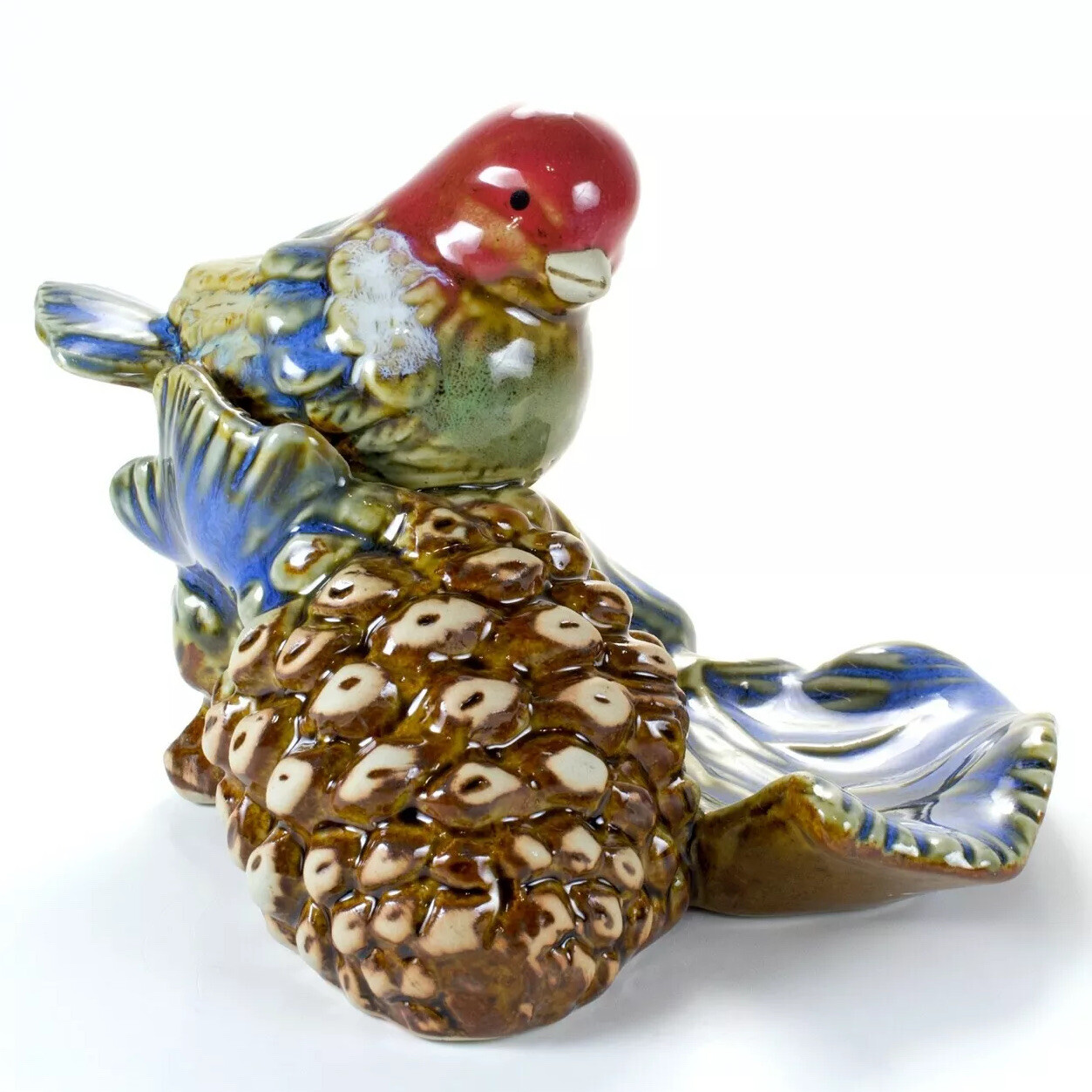 Colorful Redhead Bird on Pinecone Figurine Ring Holder Birder Gift Shiny Ceramic